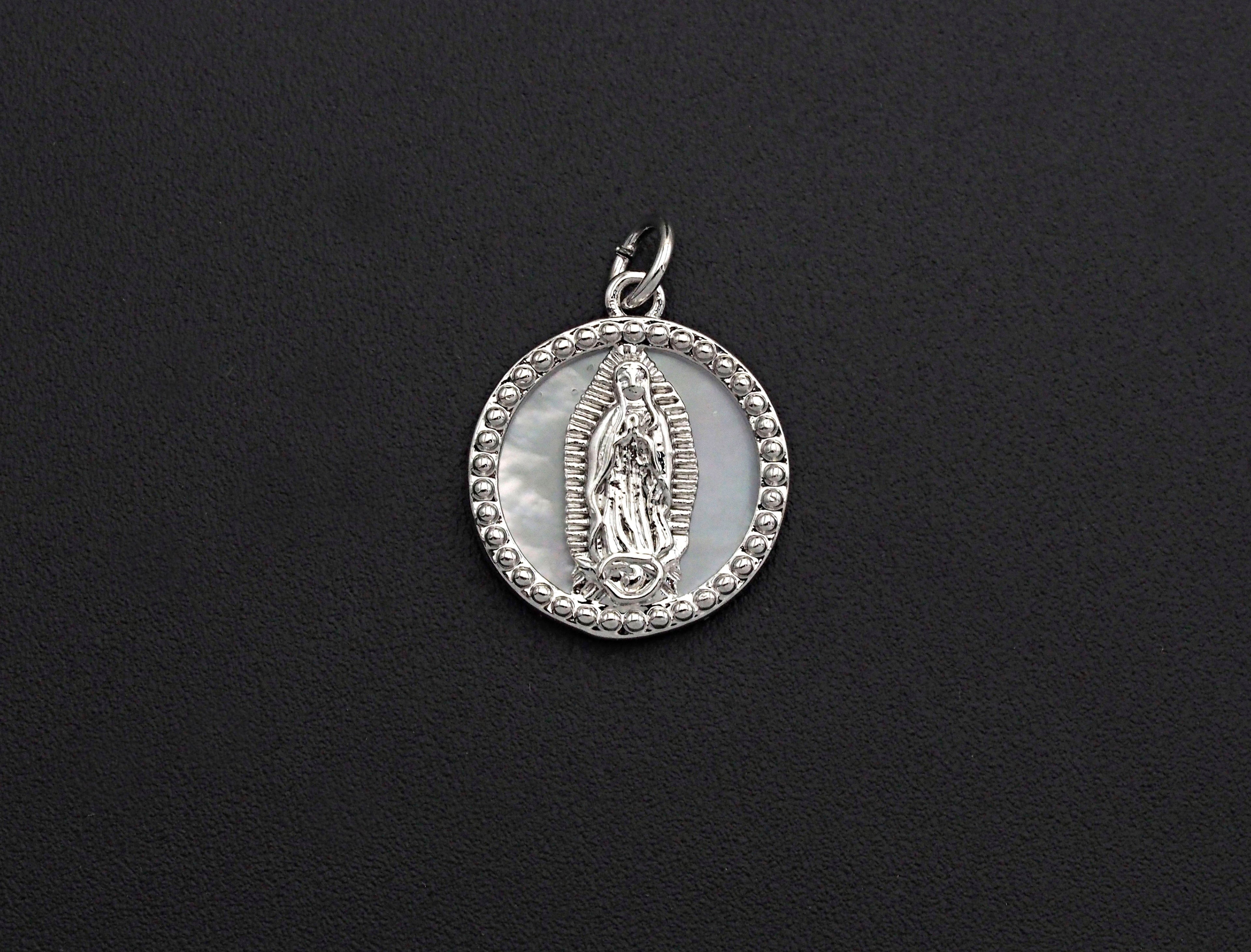 CZ Micro Pave Mary on Mother-of-pearl Coin Pendant/Charm, Cubic Zirconia Pendant Charm, Religious Charm, 15x18mm,sku#Z687