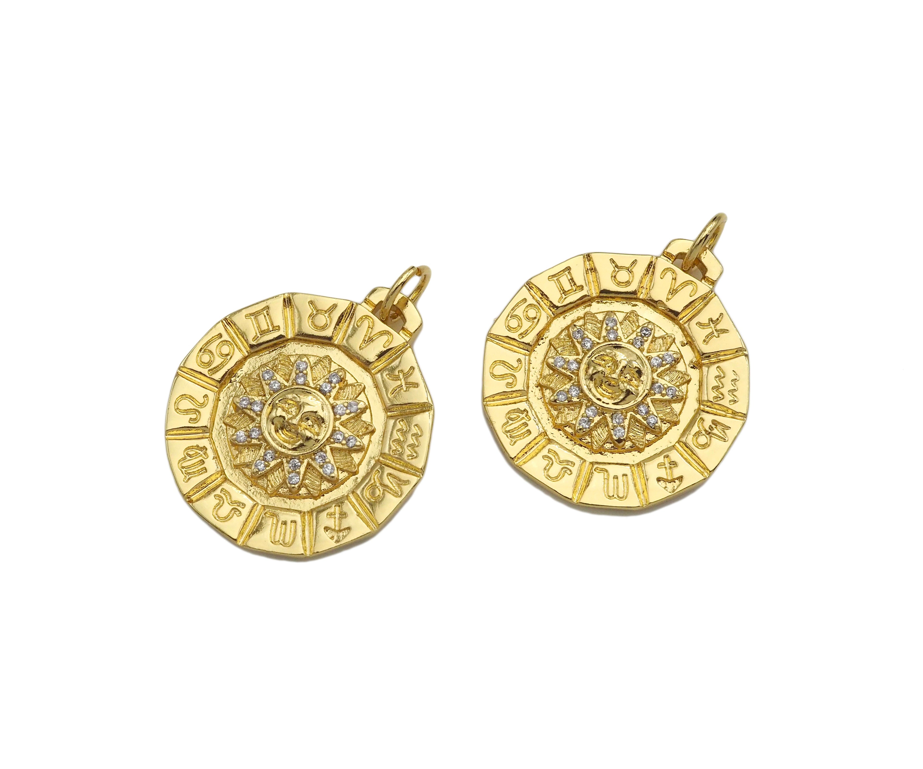CZ Micro Pave Sun Face On Round Shape Pendant/Charm,Cubic Zirconia Medallion Charm, Necklace Bracelet Charm Pendant,22x25mm, Sku#Z1281