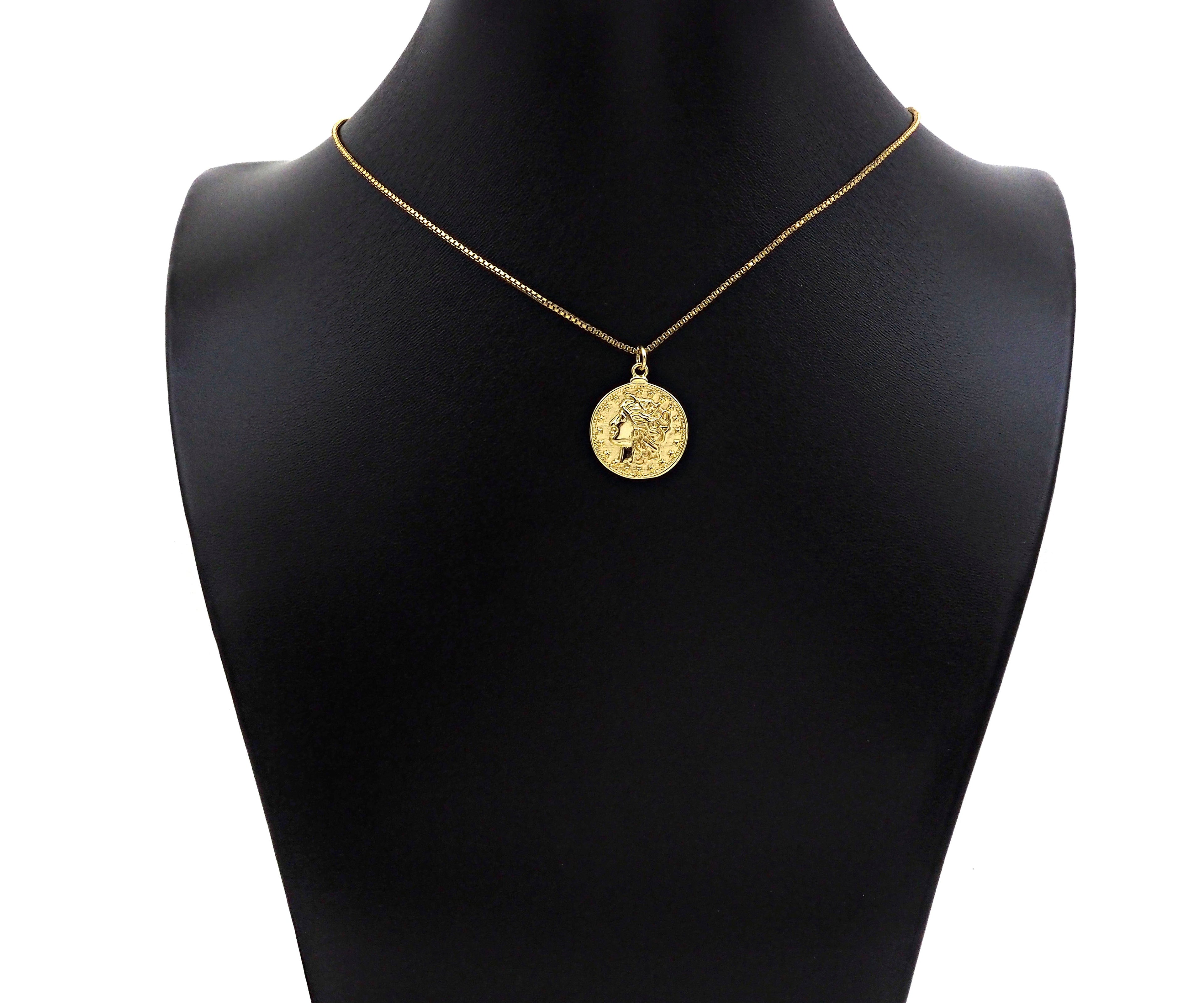 18k Dainty Gold Embossed Queen Coin Charms, Dainty Gold Emblem Pendant, Round Necklace Charms, 18mm, Sku#Z1249
