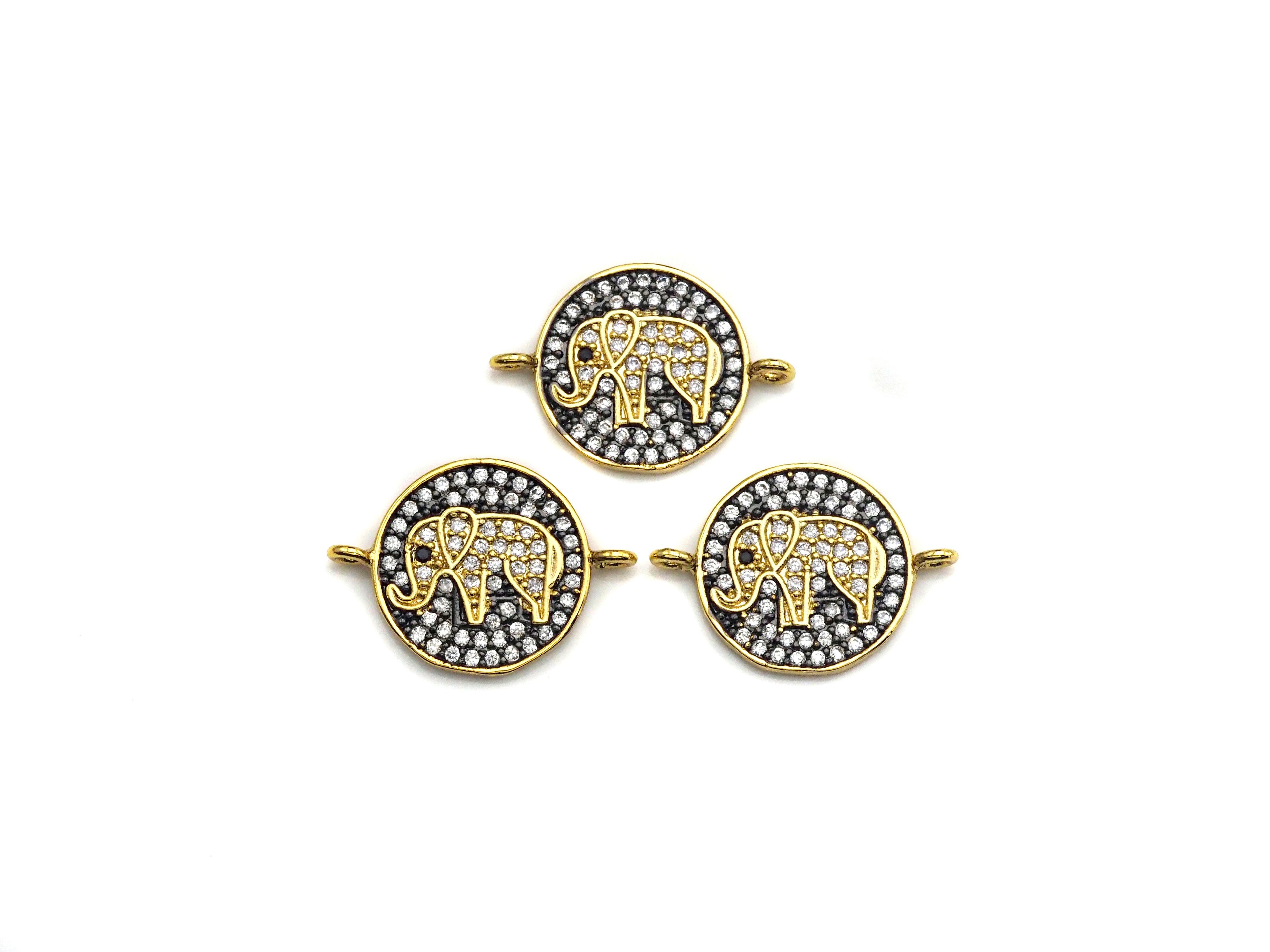 CZ Micro Pave Elephant On Round Coin Charm, Elephant Connector for Bracelet/Necklace, Space Connector Link, 15x21mm, sku#Z1064