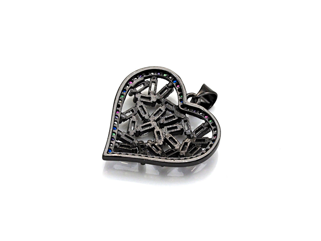 Bagette CZ Micro Pave Filigree Heart Pendant, Heart Shaped Pave Pendant, Gold/Rose Gold/Silver/Gunmetal plated, 28mm, Sku#FH44