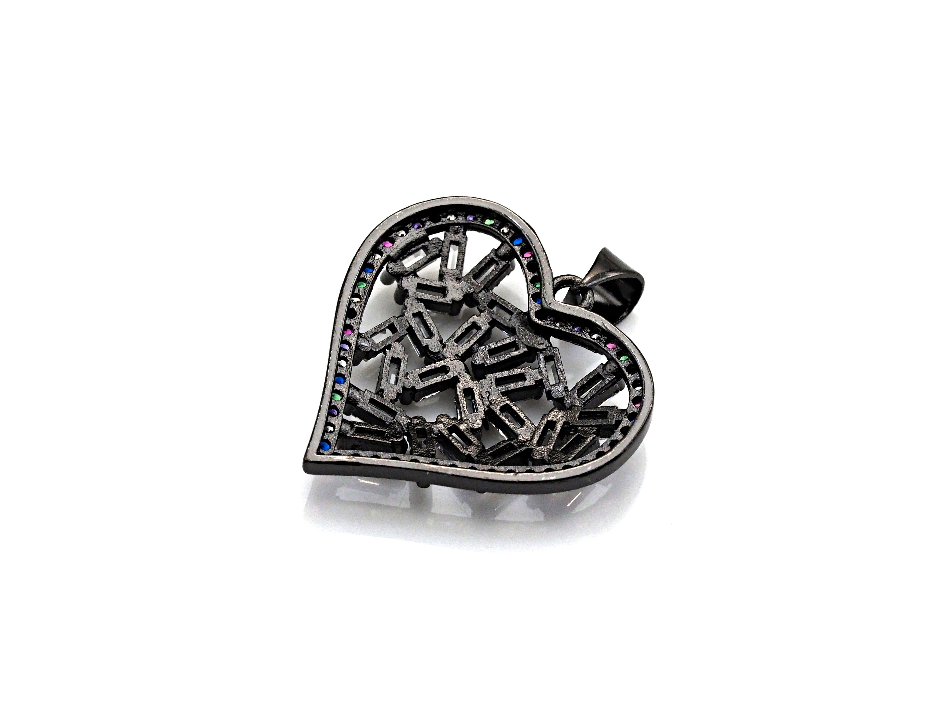 Bagette CZ Micro Pave Filigree Heart Pendant, Heart Shaped Pave Pendant, Gold/Rose Gold/Silver/Gunmetal plated, 28mm, Sku#FH44