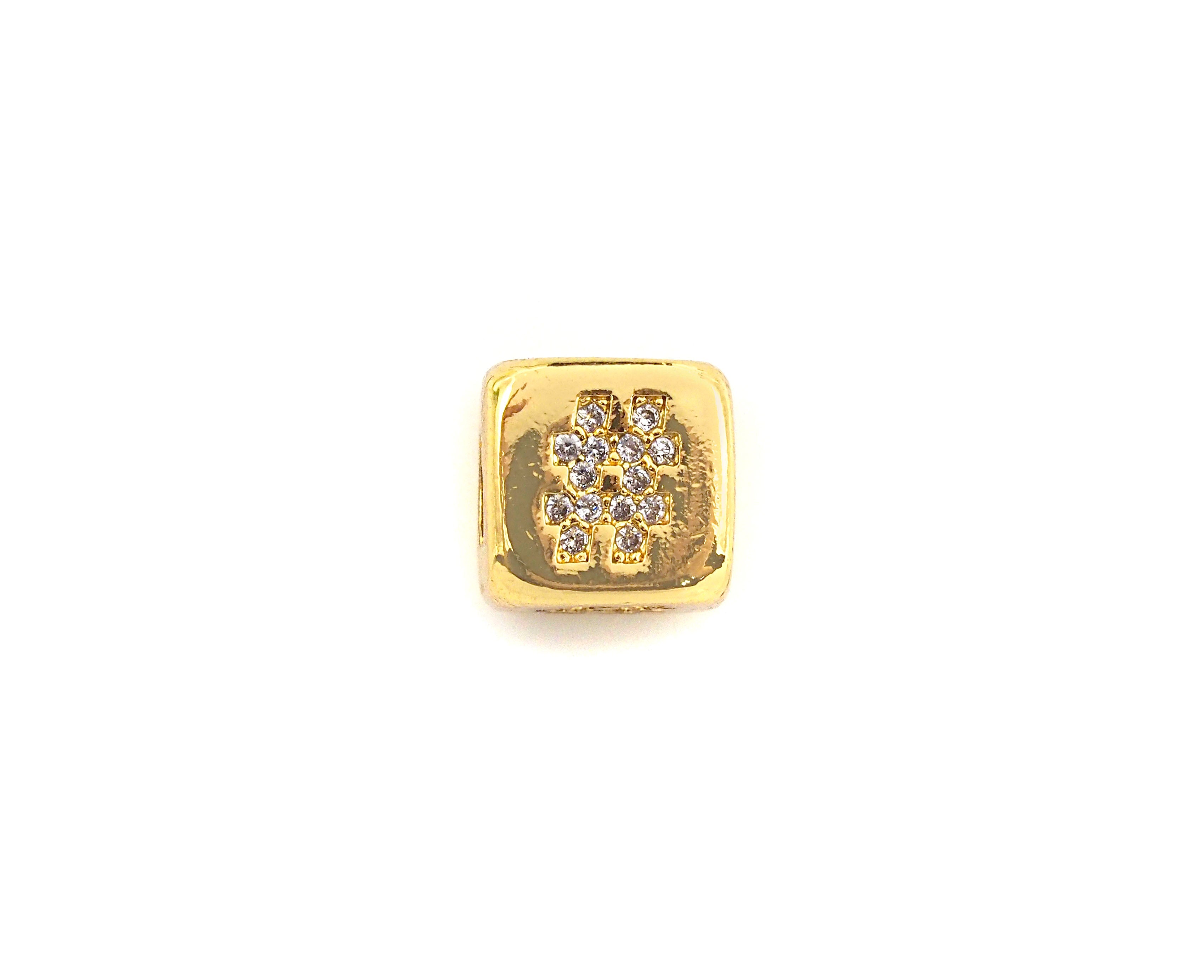 CZ Micro Pave # Symbol Dice Spacer Beads, Cubic Zirconia Cube Spacer Beads, 24k Gold Tone, 8.5mm, sku#Z720