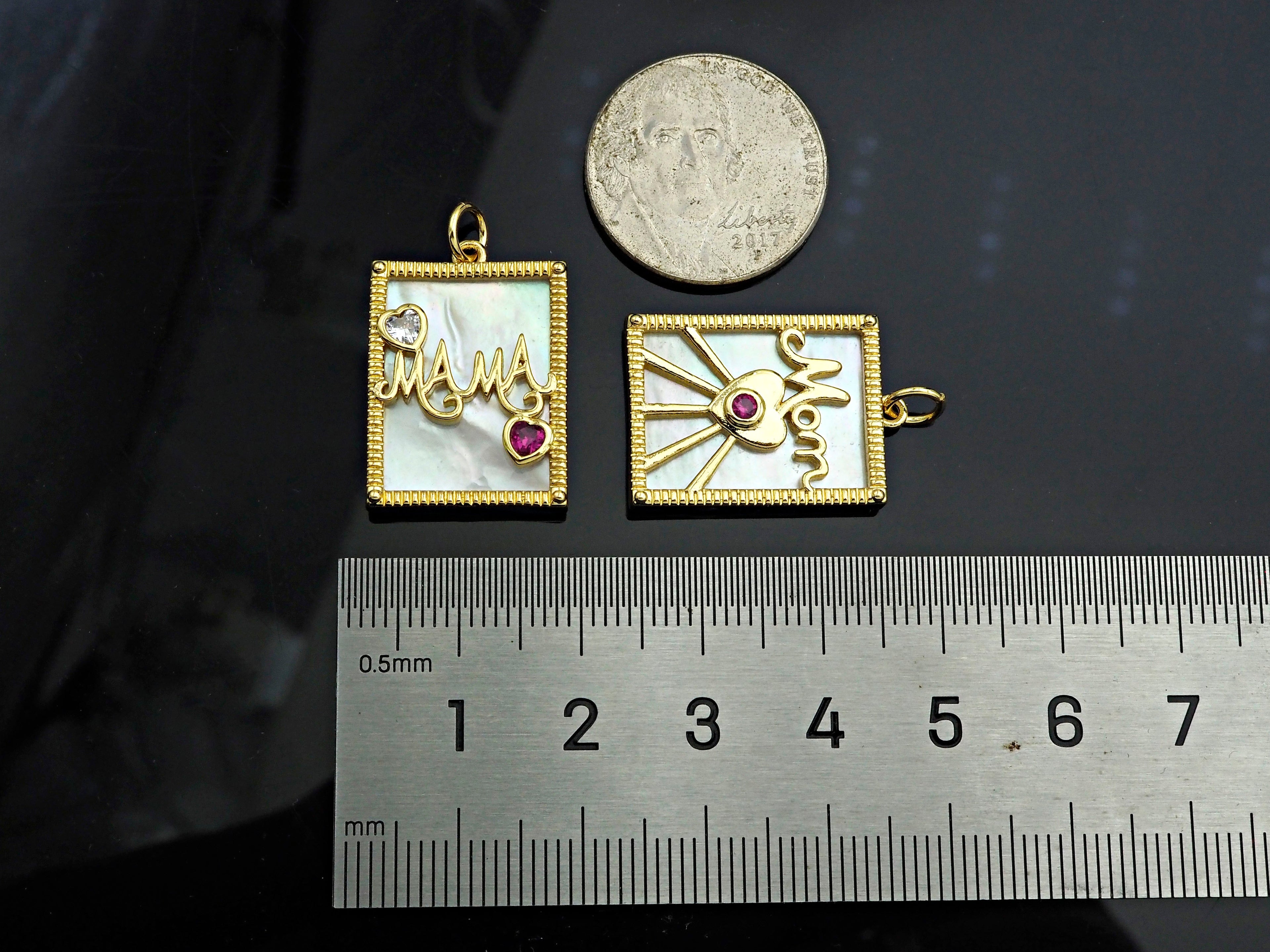 Fuchsia CZ Mom/Mama Heart On Rectangle Pearl Shape Pendant,18K Gold Filled Mother of Pearl Charm, Mother's Day MOP Pendant,17x24mm,Sku#Z1373