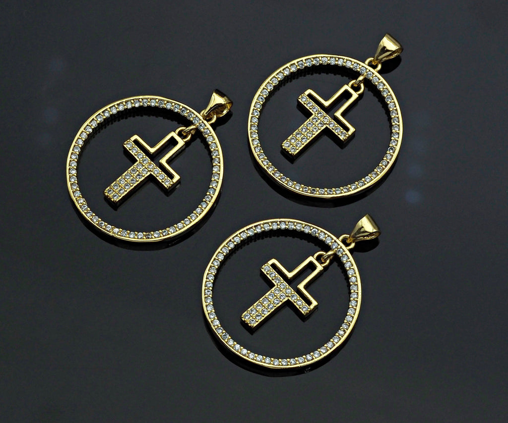 Clear CZ Micro Pave Cross Hanging in Round Ring Shape Pendant Charm, Cubic Zirconia Round Ring Cross Charm,27x30mm,sku#LK157