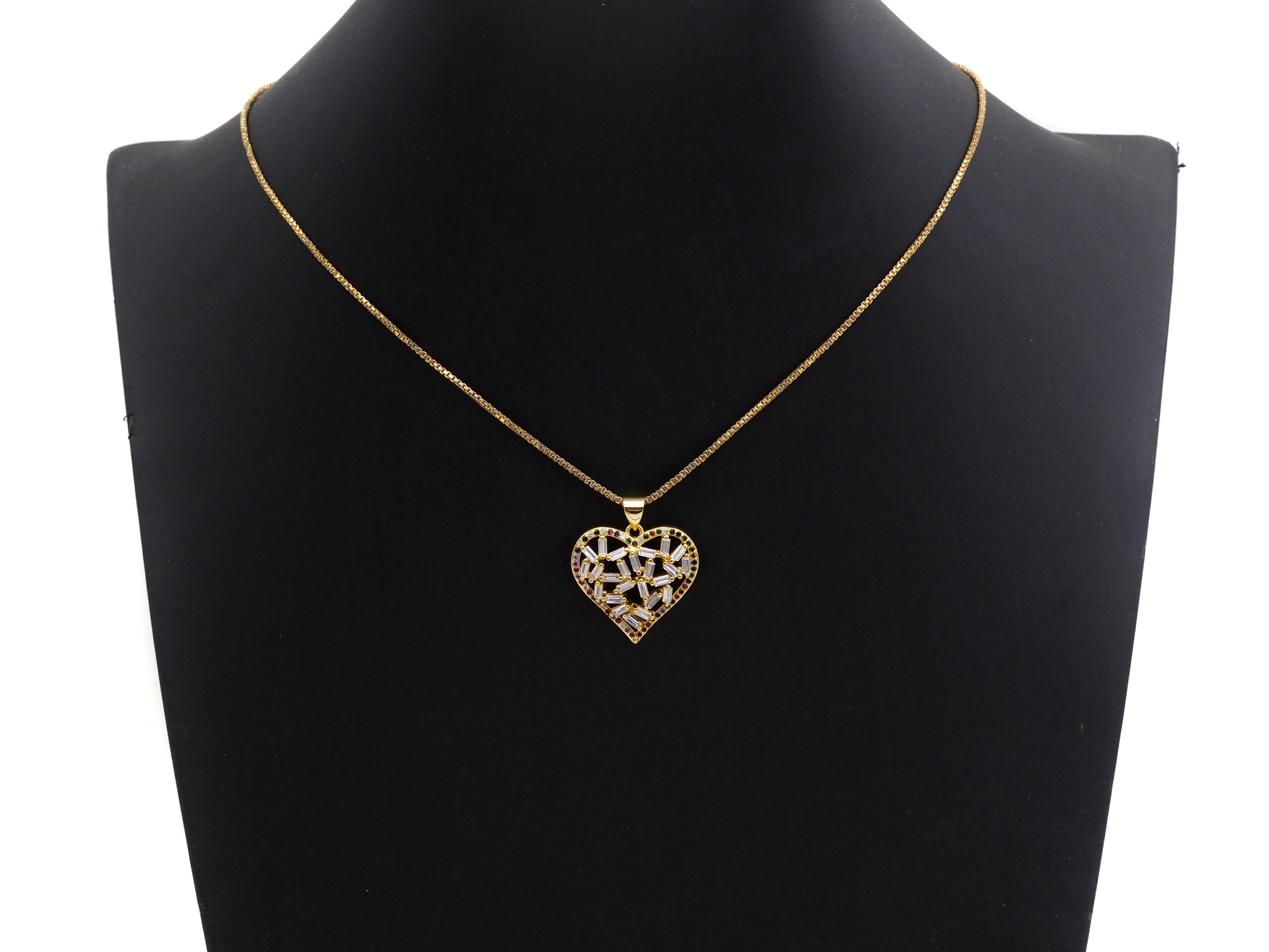 Bagette CZ Micro Pave Filigree Heart Pendant, Heart Shaped Pave Pendant, Gold/Rose Gold/Silver/Gunmetal plated, 28mm, Sku#FH44