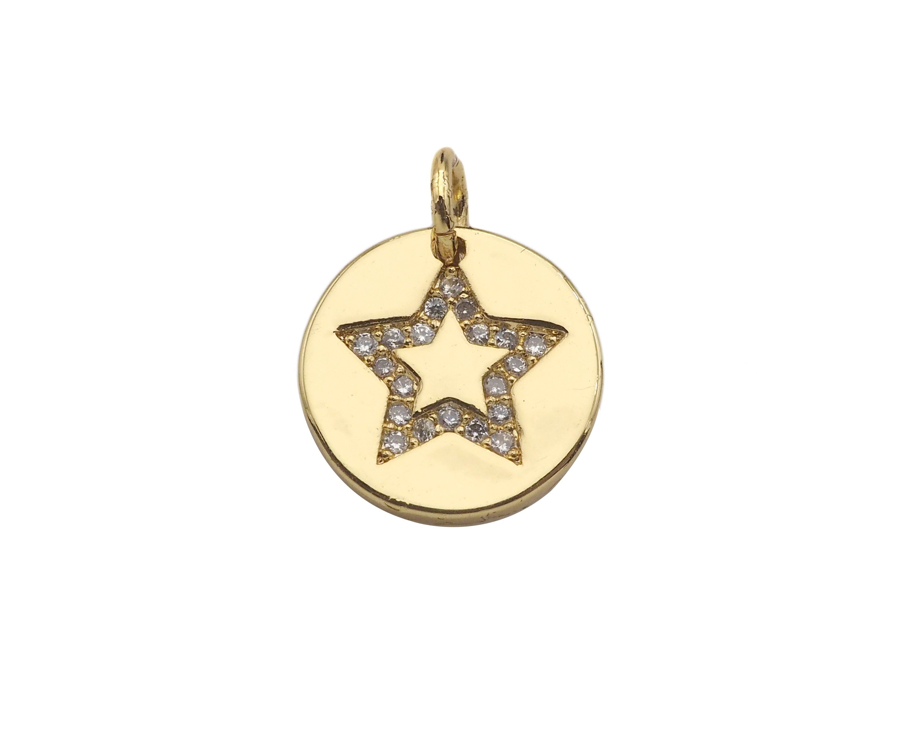 CZ Micro Pave Heart Star Moon On Round Coin Shape Pendant,CZ Dainty Gold Medallion Charm, Necklace Bracelet Charm Pendant,12x12mm, Sku#F1382