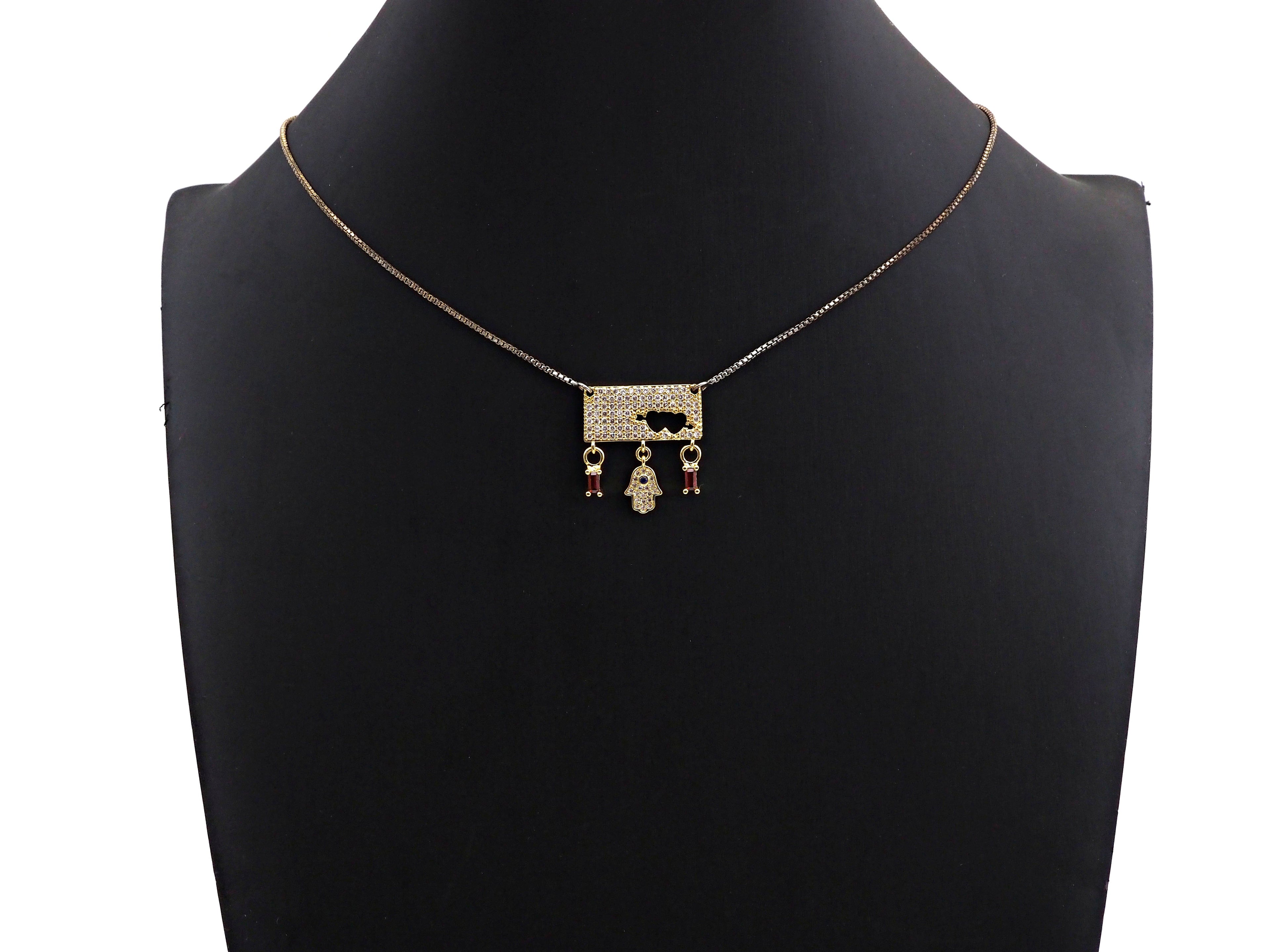 CZ Micro Pave Rectangle With Earth Wing Hamsa Hand Star Pendant, SKU#F1127C