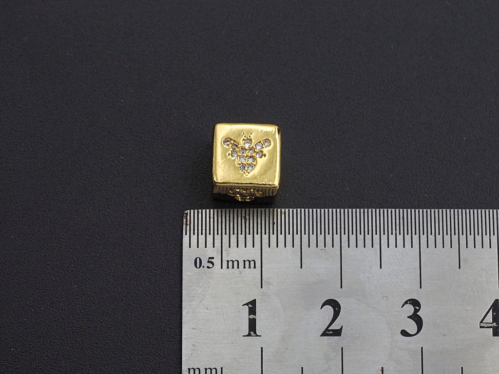 CZ Micro Pave Bee Bear Lip Dice Spacer Beads, Cubic Zirconia Cube Spacer Beads, NAME Beads in Gold Tone,8.5mm, sku#Z715