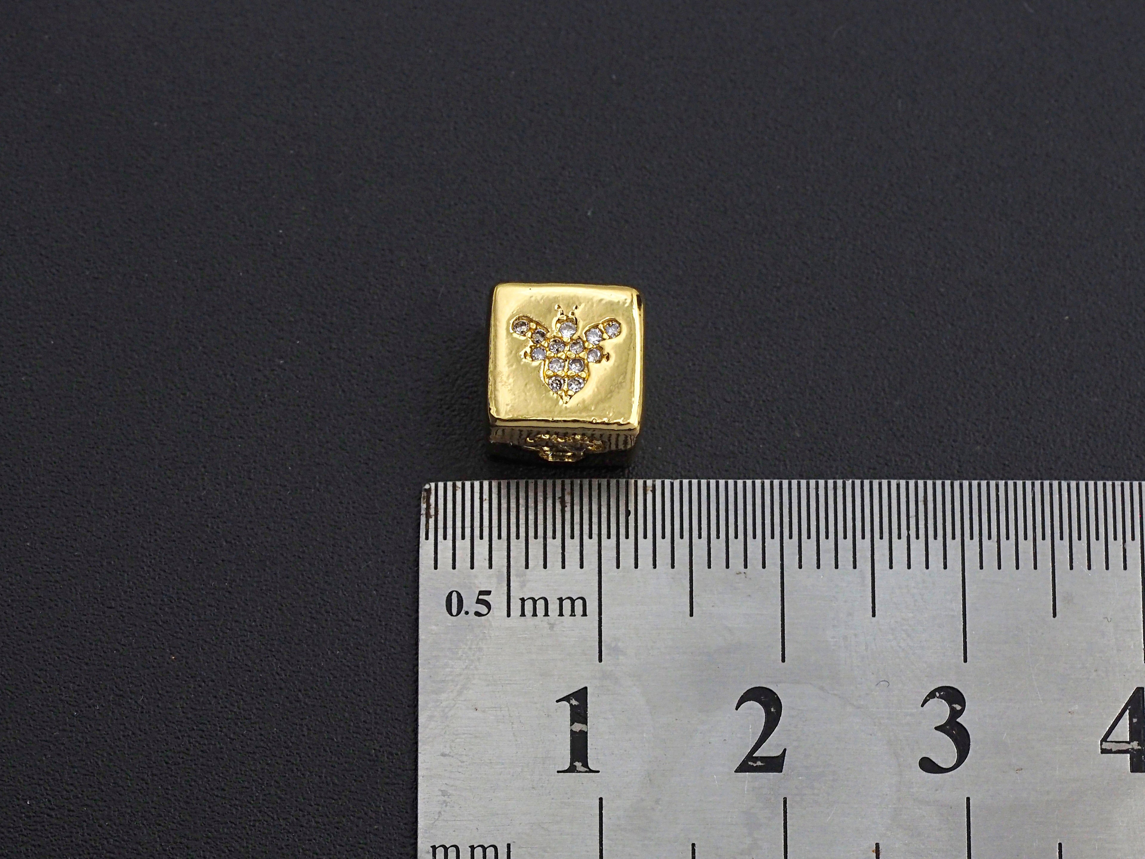 CZ Micro Pave Bee Bear Lip Dice Spacer Beads, Cubic Zirconia Cube Spacer Beads, NAME Beads in Gold Tone,8.5mm, sku#Z715