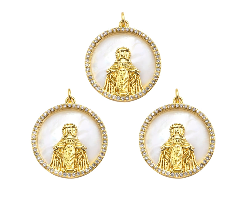 CZ Micro Pave Virgin Mary On Round Coin Pearl Charms, Dainty Gold Virgin Mary Pendant, Mother of Pearl Necklace Charms, 22x24mm, Sku#Z1250