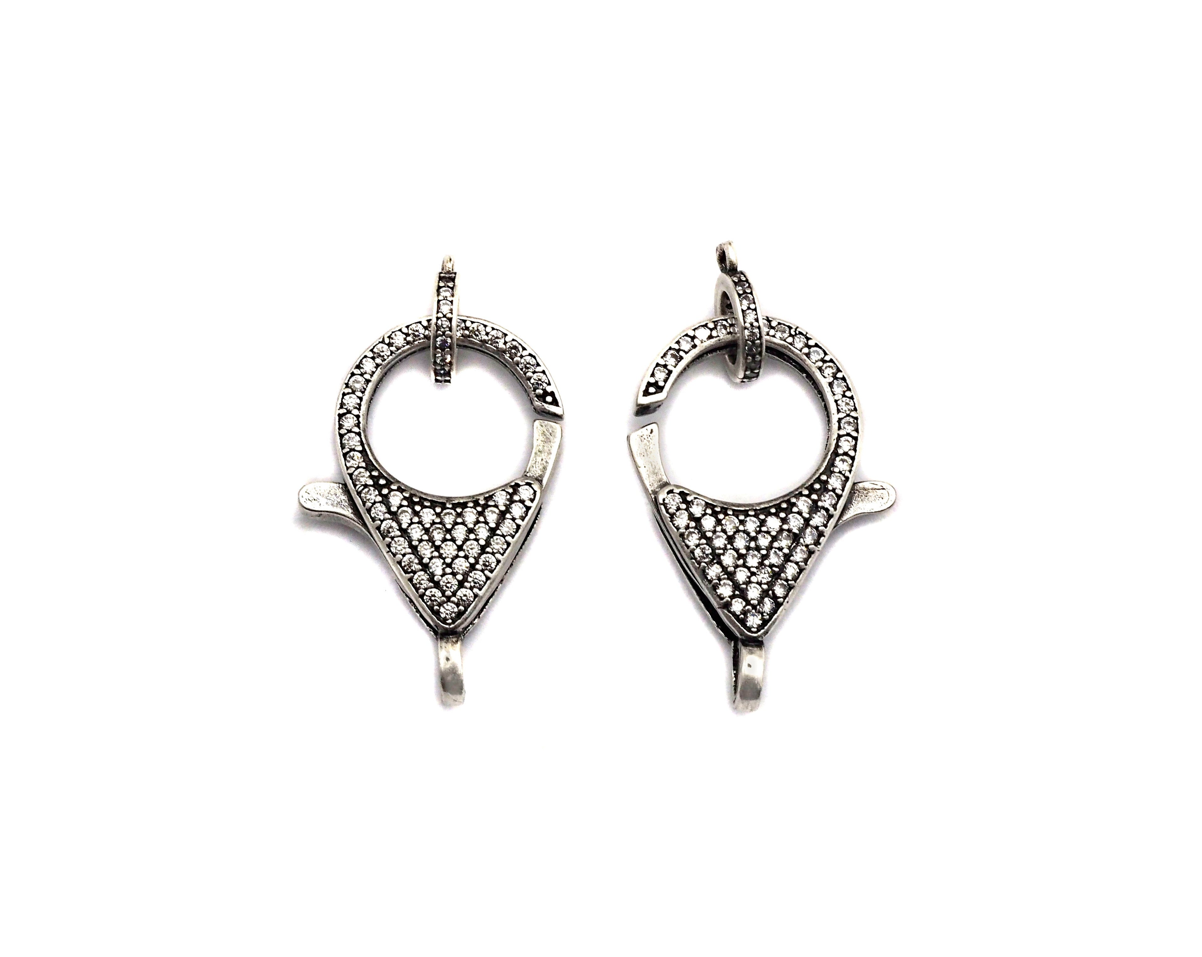 CZ Micro Pave Teardrop Lobster Claw Clasp, Cubic Zirconia Clasp, Antique Silver Plated Clasp, 18x26mm,sku#H173