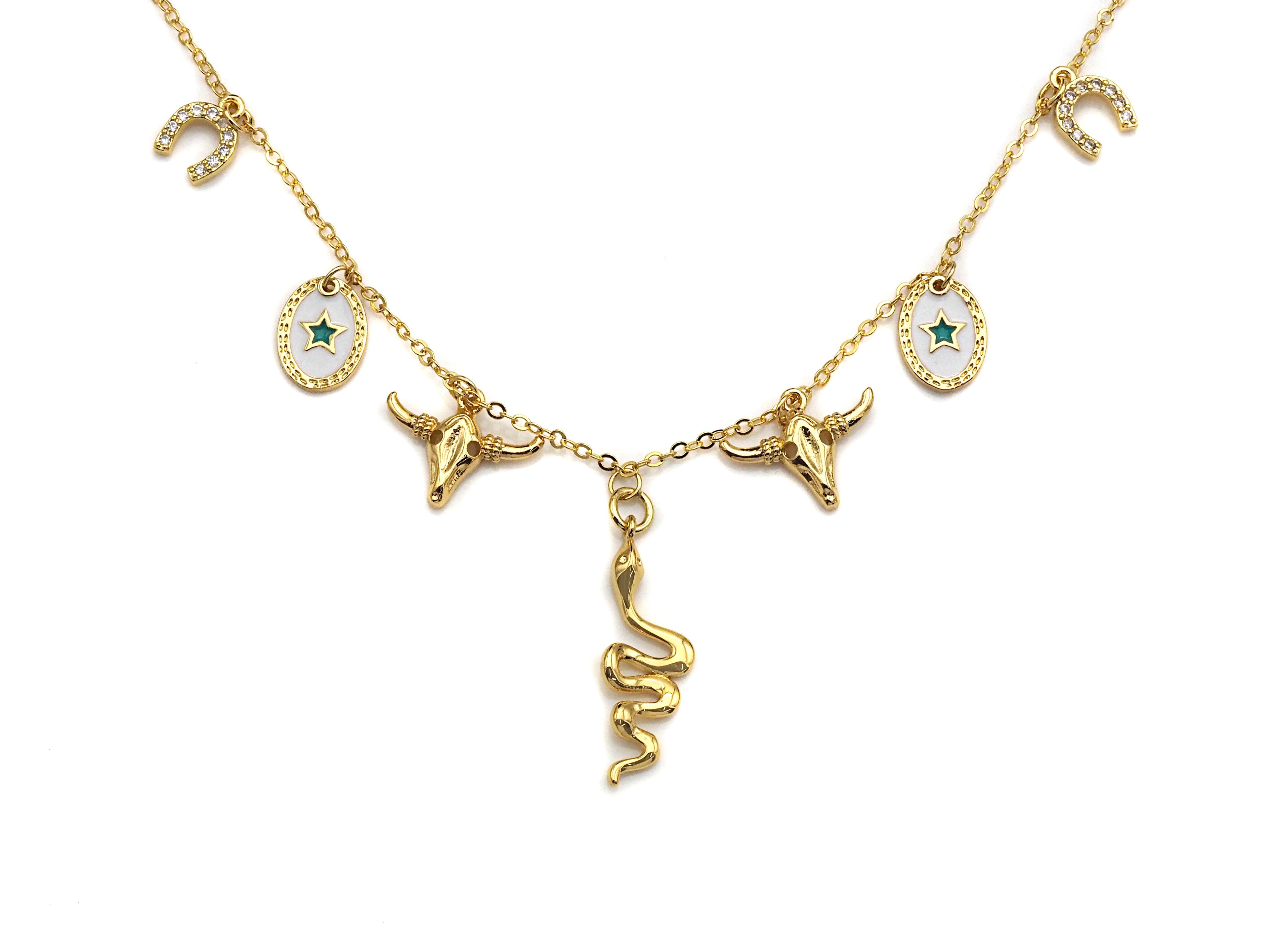 Gold Necklace with Snake Star Horse Shoe Charm, sku#z707