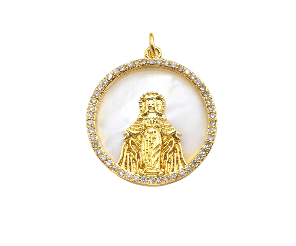 CZ Micro Pave Virgin Mary On Round Coin Pearl Charms, Dainty Gold Virgin Mary Pendant, Mother of Pearl Necklace Charms, 22x24mm, Sku#Z1250