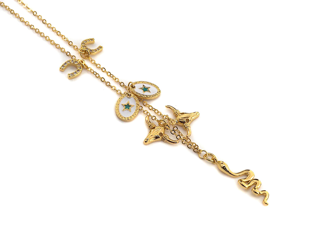 Gold Necklace with Snake Star Horse Shoe Charm, sku#z707