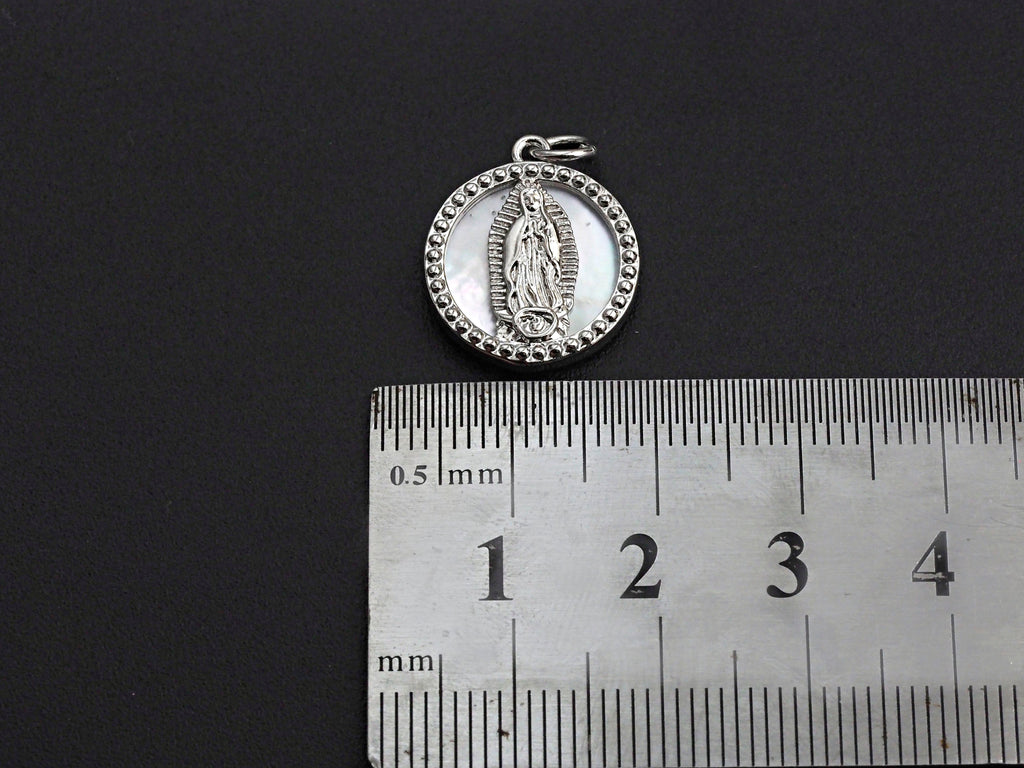 CZ Micro Pave Mary on Mother-of-pearl Coin Pendant/Charm, Cubic Zirconia Pendant Charm, Religious Charm, 15x18mm,sku#Z687