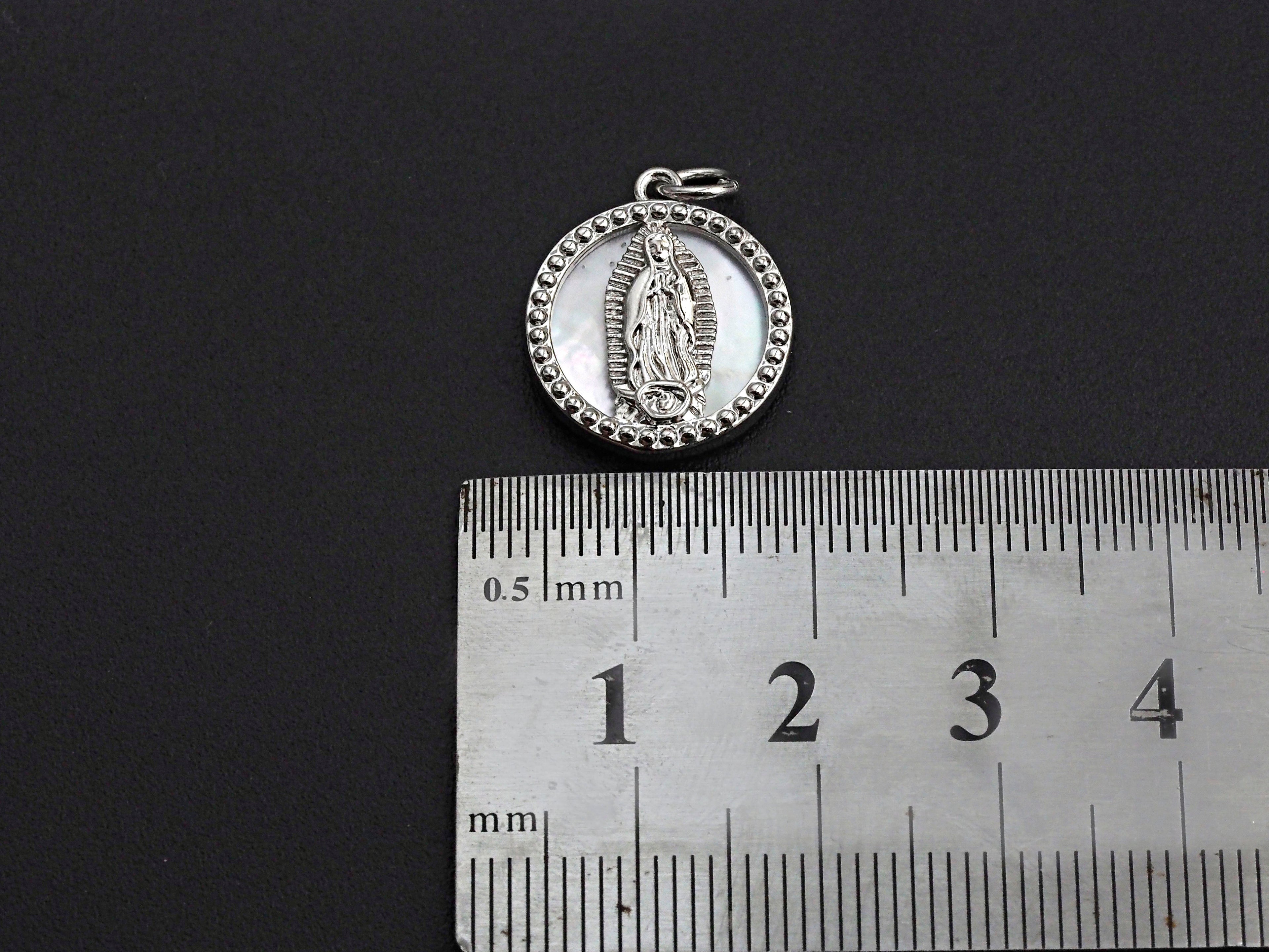 CZ Micro Pave Mary on Mother-of-pearl Coin Pendant/Charm, Cubic Zirconia Pendant Charm, Religious Charm, 15x18mm,sku#Z687