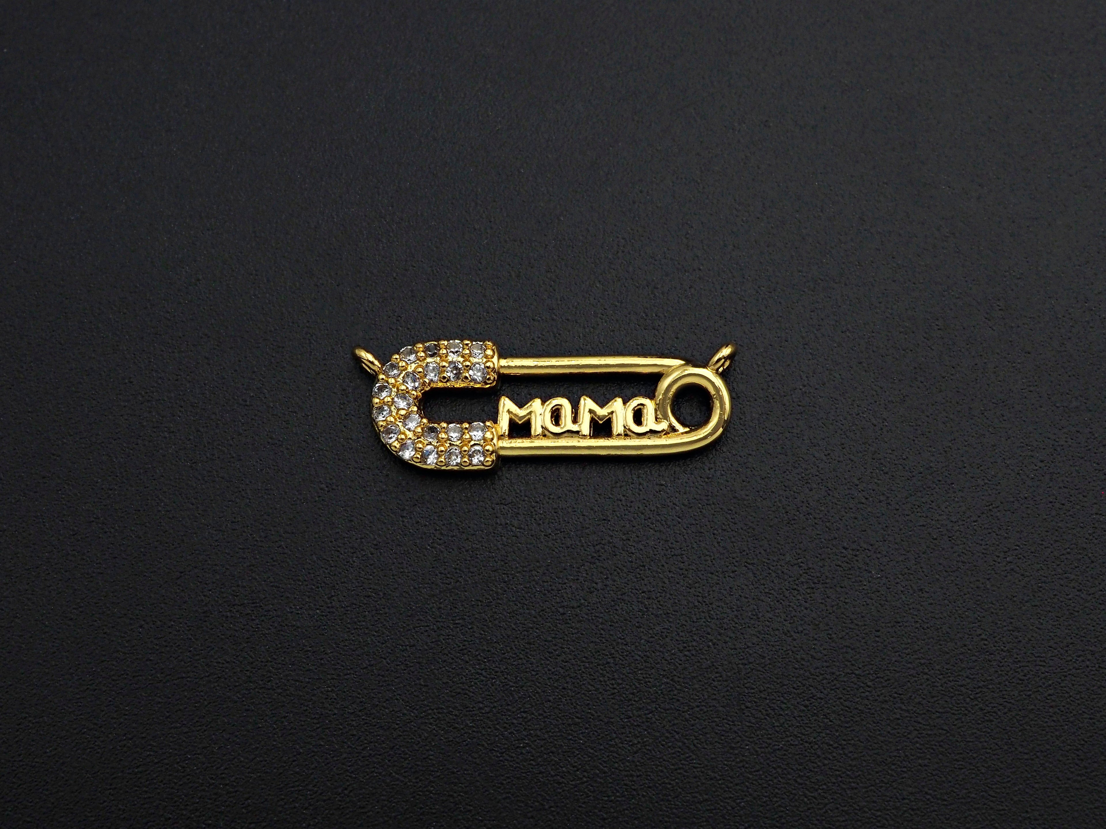 CZ Micro Pave Mama Safety Pin Pendant, Safety Pin Cubic Zirc
