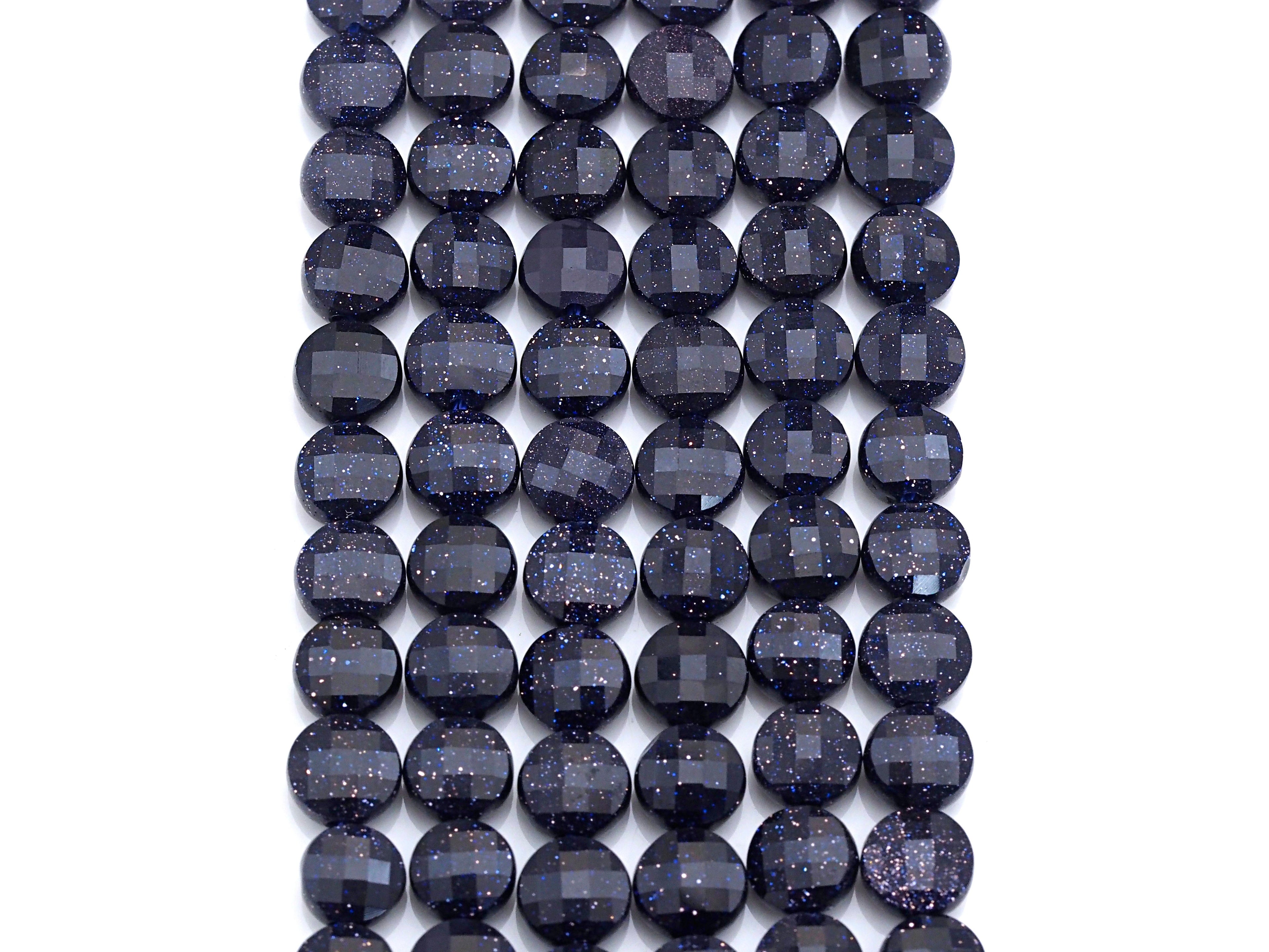Double Sided Turtle Shell Cut Blue Goldstone Coin beads, 6mm Flat coin faceted, Natural Gemstone Beads, 16" Full Strand, sku#U606