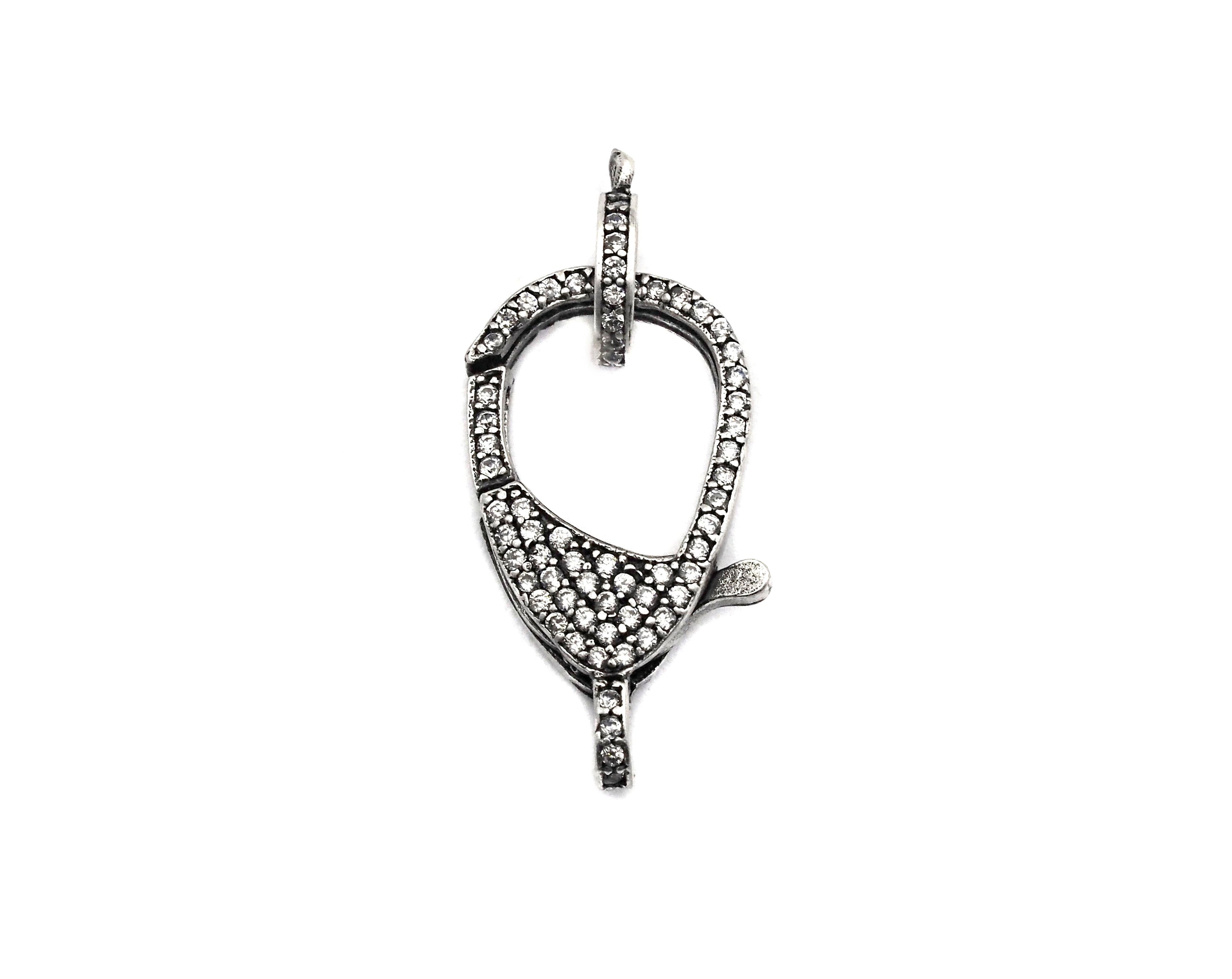 CZ Micro Pave Teardrop Lobster Claw Clasp, Antique Silver Plated Cubic Zirconia Clasp, 12x23mm,sku#H174
