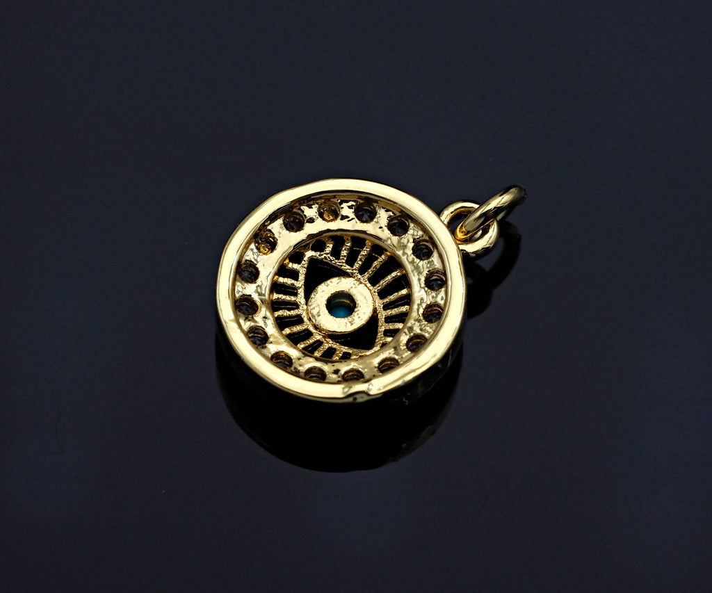 CZ Micro Pave Evil Eye On Round Pendant,Cubic Zirconia Round Evil Eye Pave Pendant Beads, Pave Charm, 11x13mm, SKU#F1190