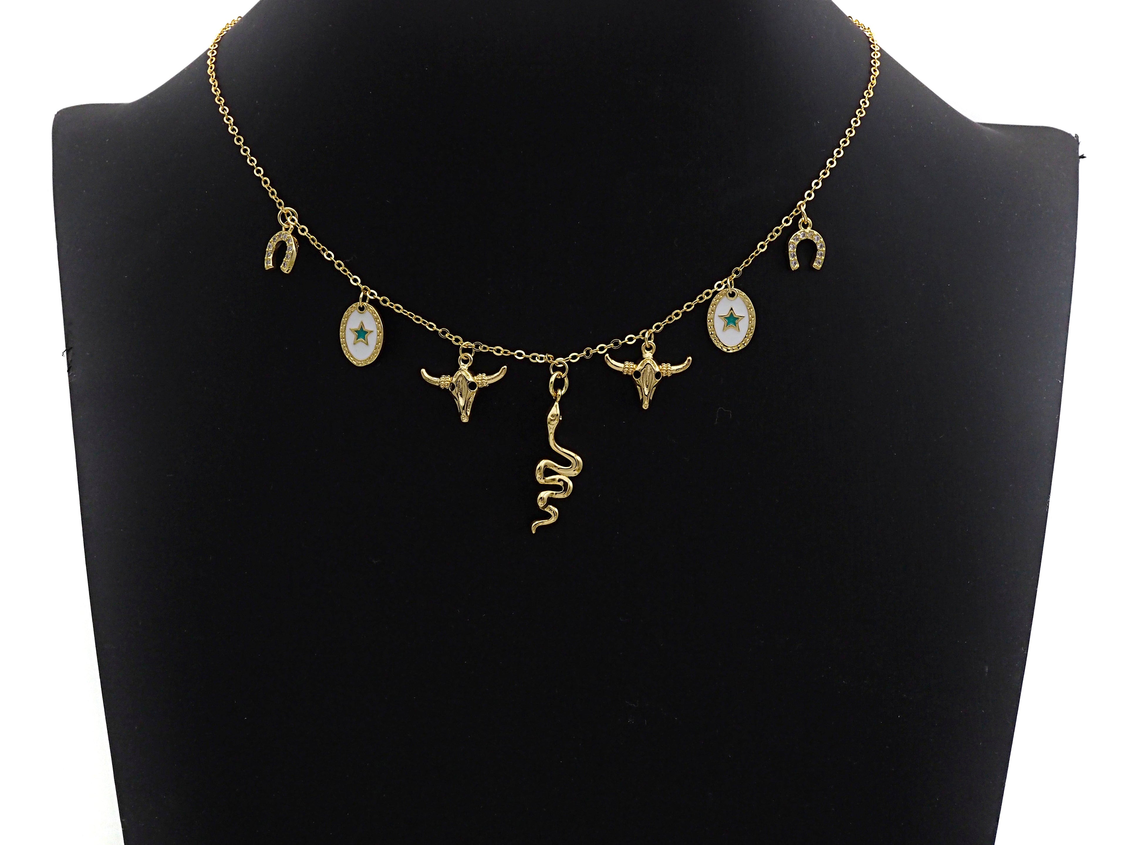 Gold Necklace with Snake Star Horse Shoe Charm, sku#z707