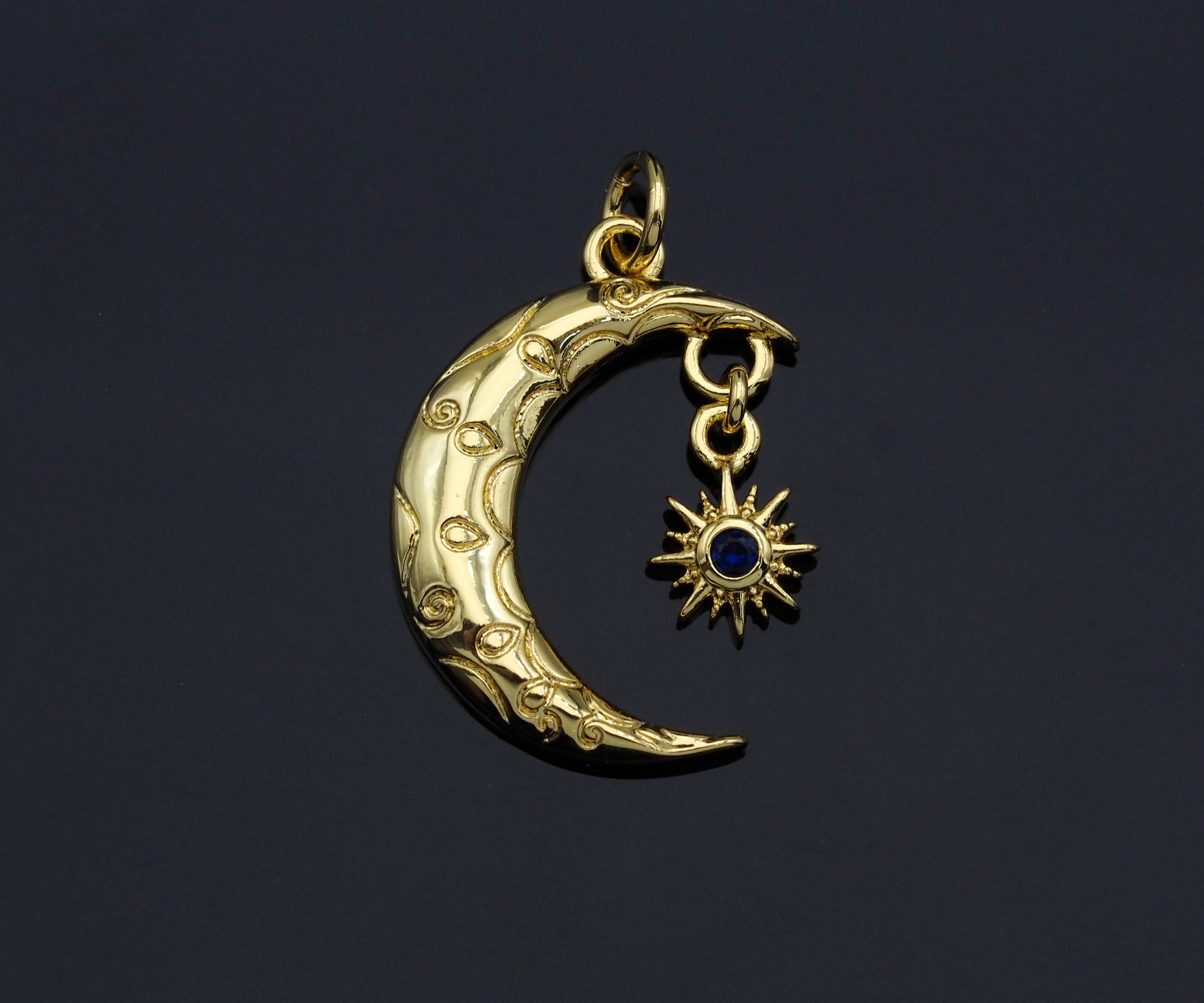 Cobalt CZ Micro Pave Cresent Moon With North Star Shape Pendant Charm, Cubic Zirconia Moon Charm,15x22mm,Sku#LK158