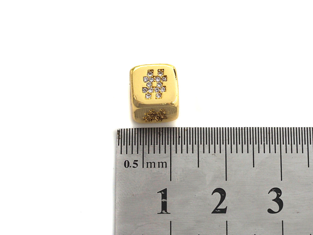 CZ Micro Pave # Symbol Dice Spacer Beads, Cubic Zirconia Cube Spacer Beads, 24k Gold Tone, 8.5mm, sku#Z720