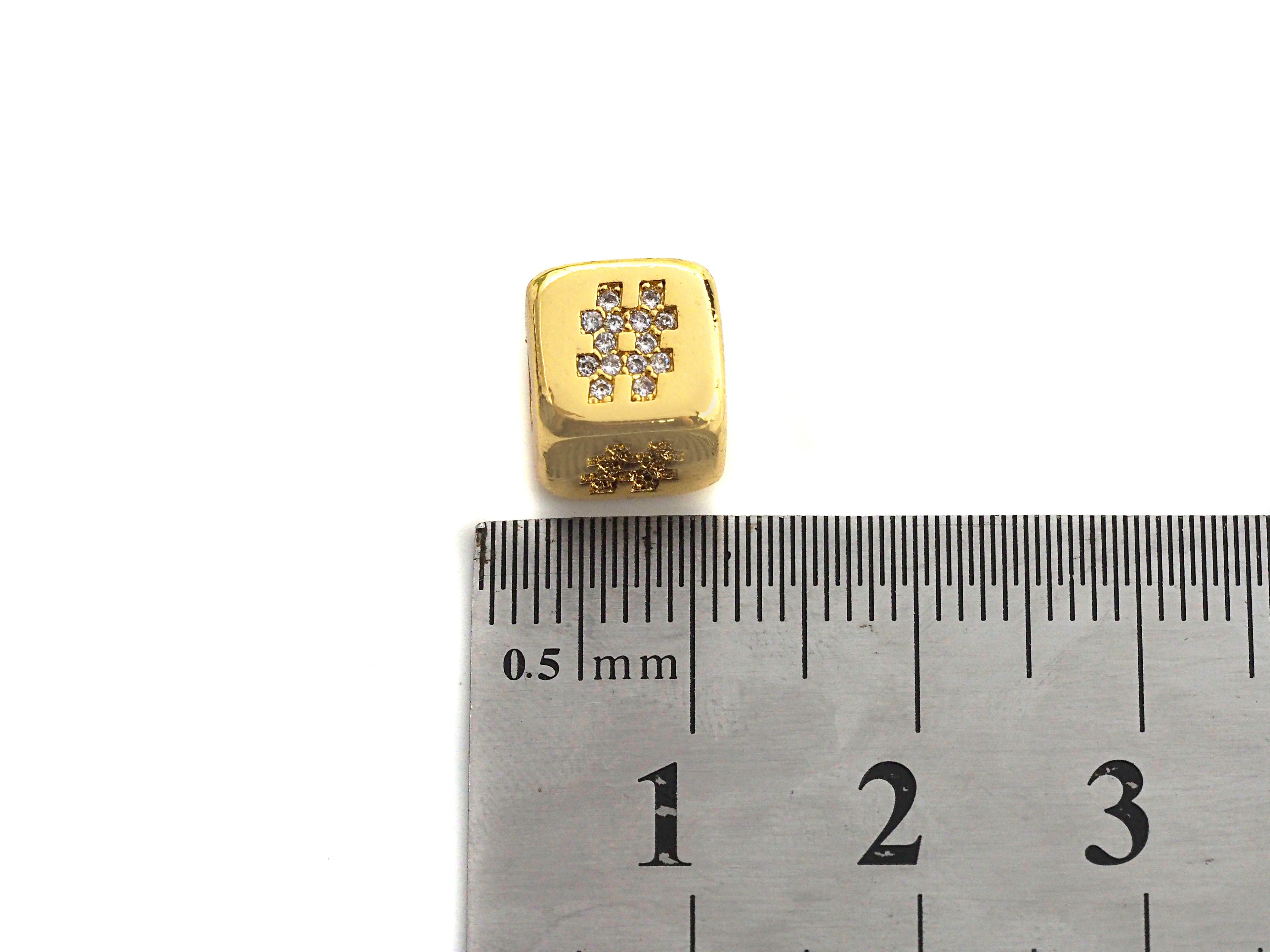 CZ Micro Pave # Symbol Dice Spacer Beads, Cubic Zirconia Cube Spacer Beads, 24k Gold Tone, 8.5mm, sku#Z720
