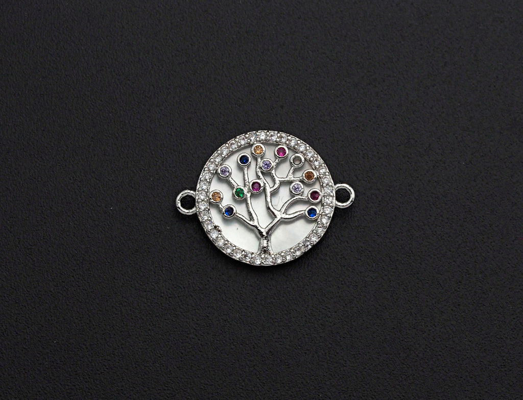 CZ Micro Pave Colorful Lucky Tree on Mother-of-pearl Connector Charm, Cubic Zirconia Link Charm, 22mm,sku#Z688