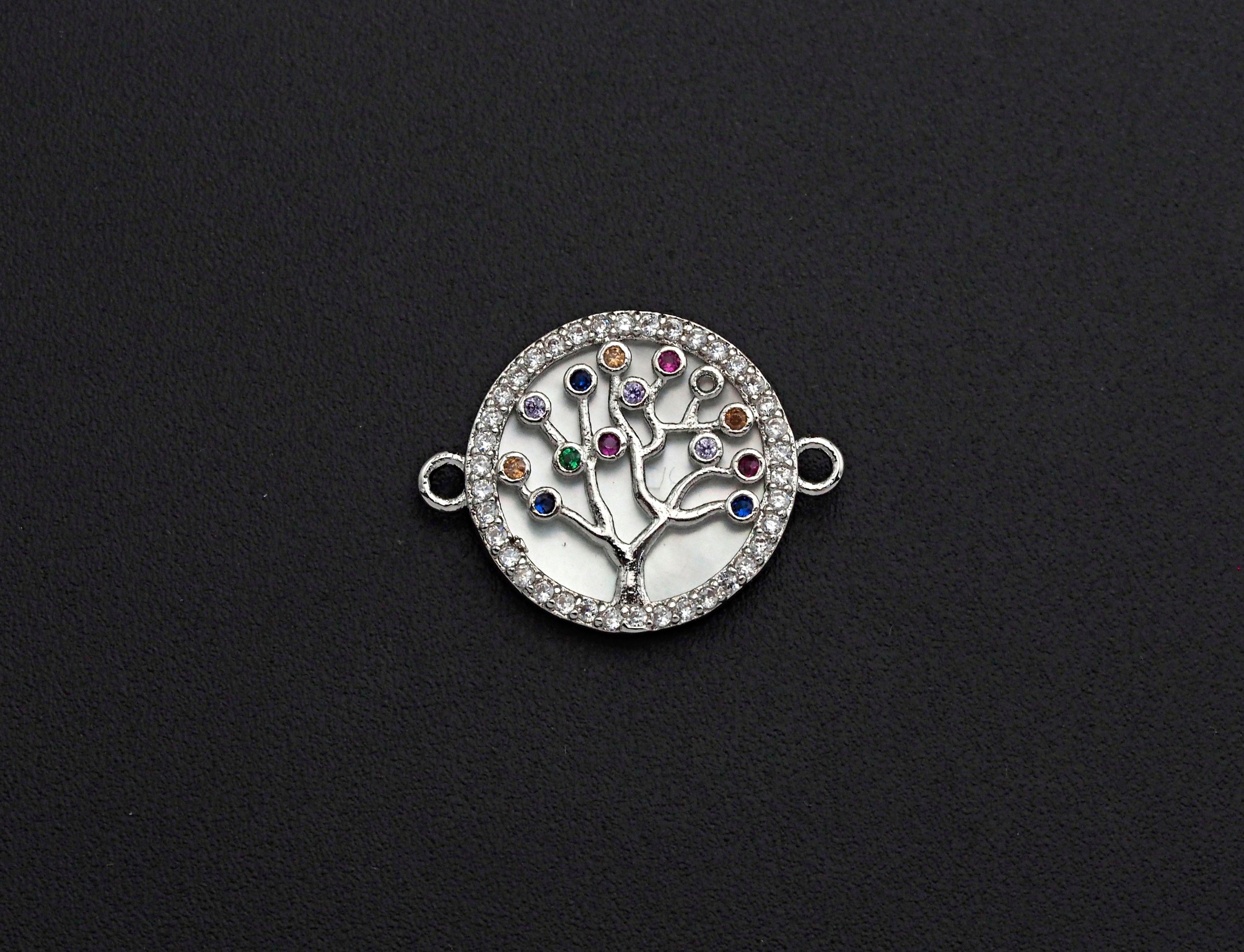 CZ Micro Pave Colorful Lucky Tree on Mother-of-pearl Connector Charm, Cubic Zirconia Link Charm, 22mm,sku#Z688