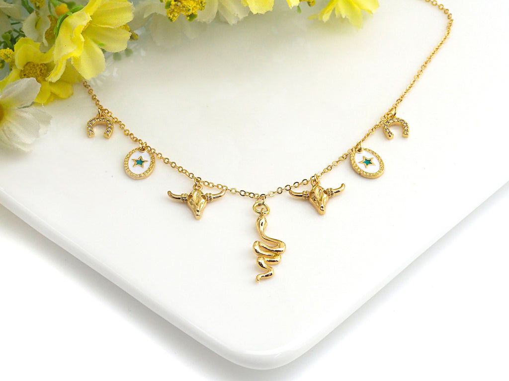 Gold Necklace with Snake Star Horse Shoe Charm, sku#z707