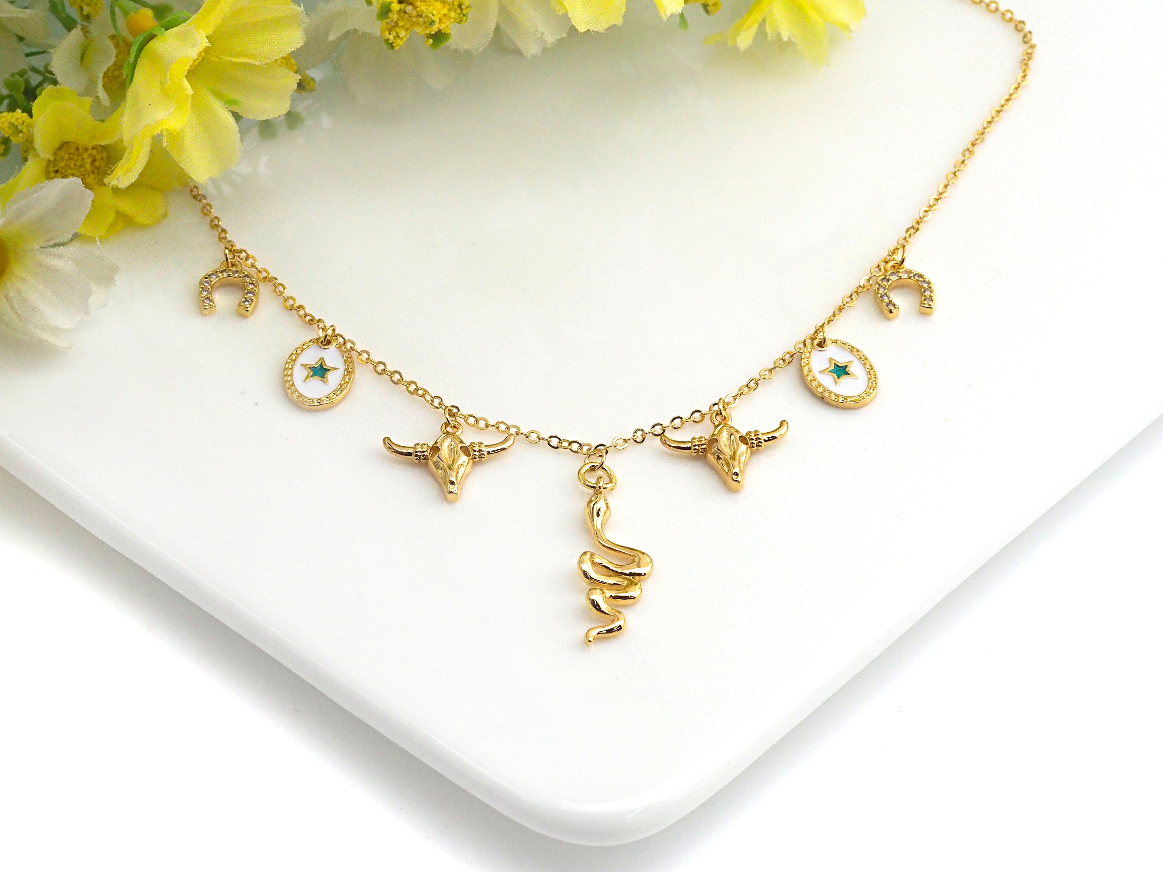 Gold Necklace with Snake Star Horse Shoe Charm, sku#z707