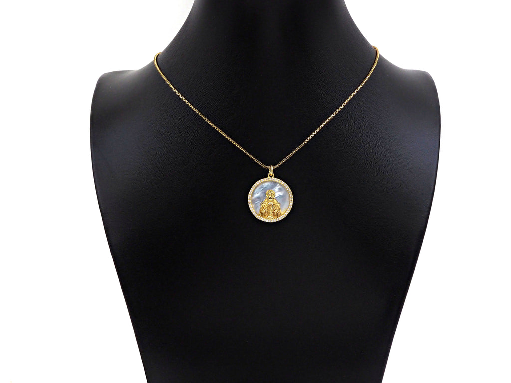 CZ Micro Pave Virgin Mary On Round Coin Pearl Charms, Dainty Gold Virgin Mary Pendant, Mother of Pearl Necklace Charms, 22x24mm, Sku#Z1250