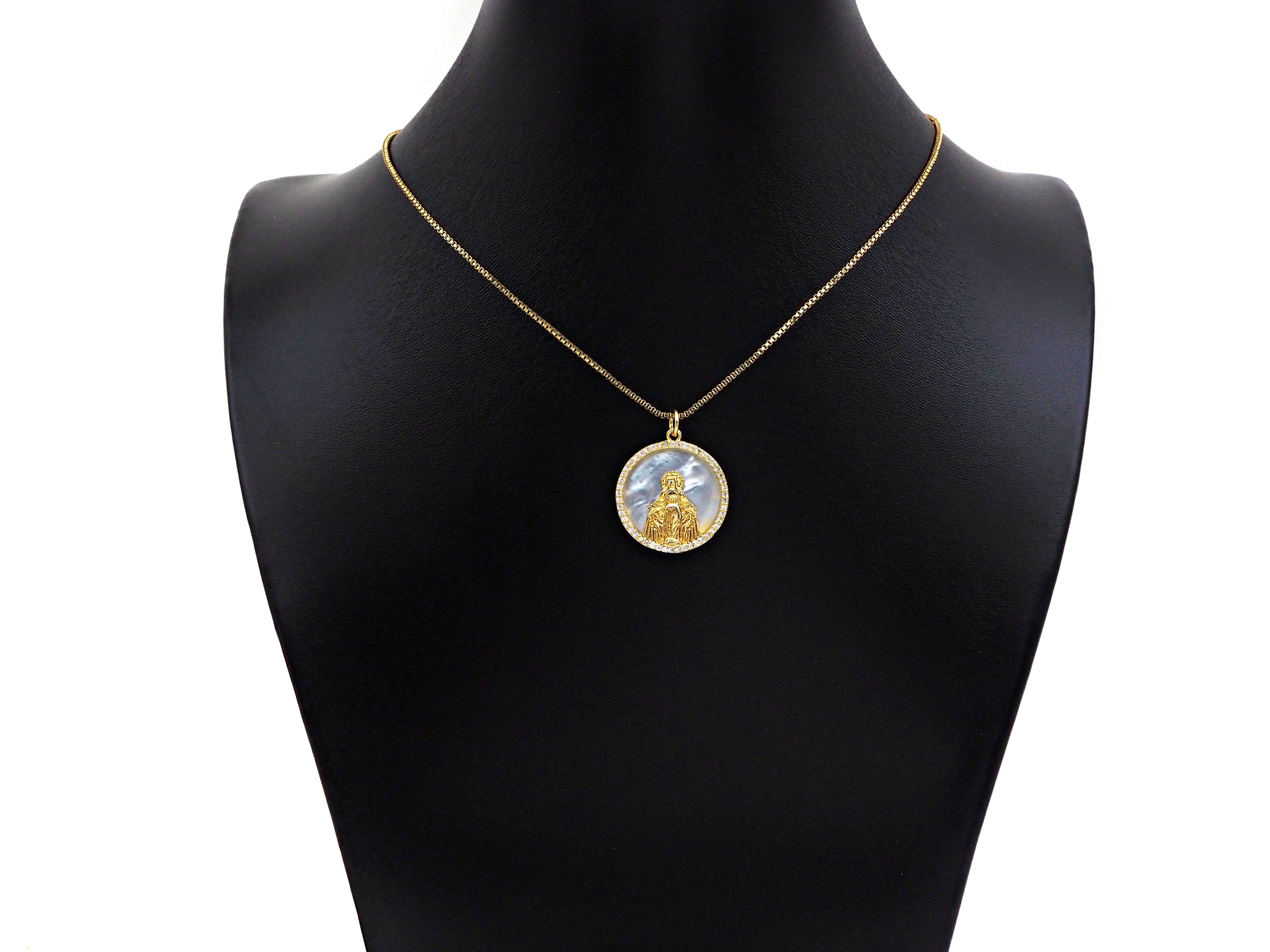 CZ Micro Pave Virgin Mary On Round Coin Pearl Charms, Dainty Gold Virgin Mary Pendant, Mother of Pearl Necklace Charms, 22x24mm, Sku#Z1250