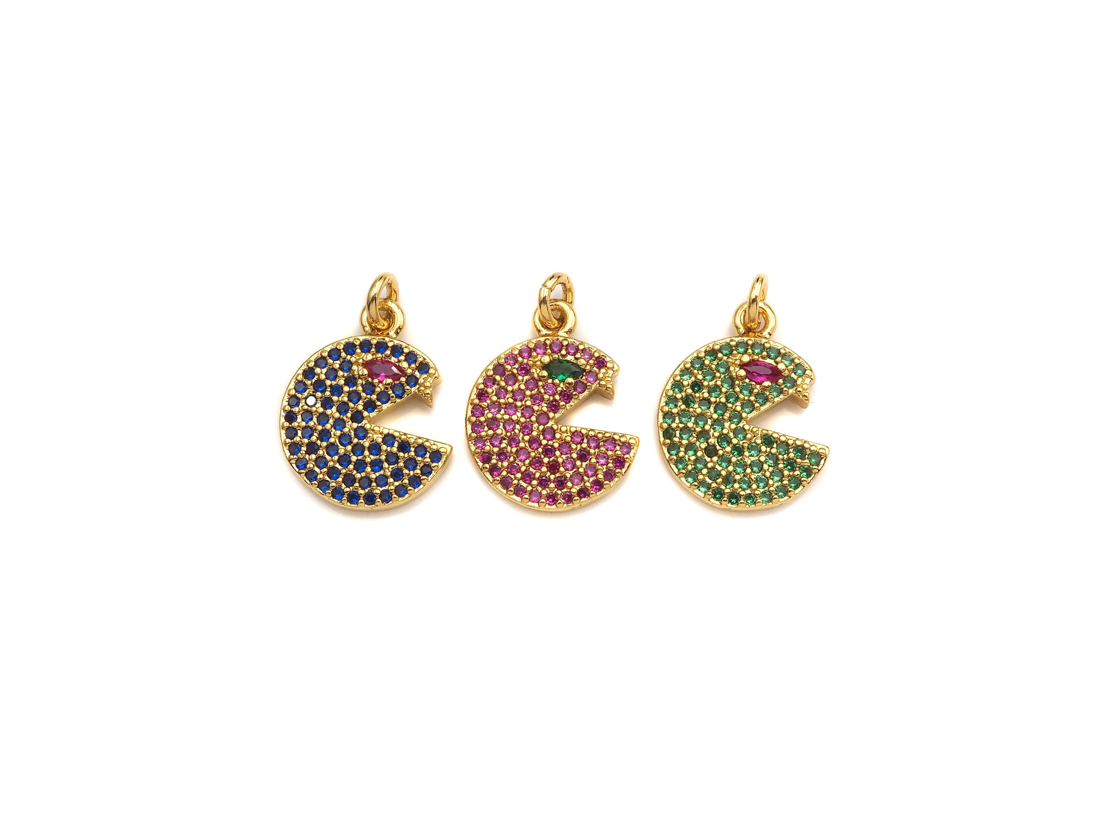 CZ Micro Pave Cobalt/Fuchsia/Green Pac-Man Pendant, CZ Pave Pac-Man Face Pendant, sku#F1142C