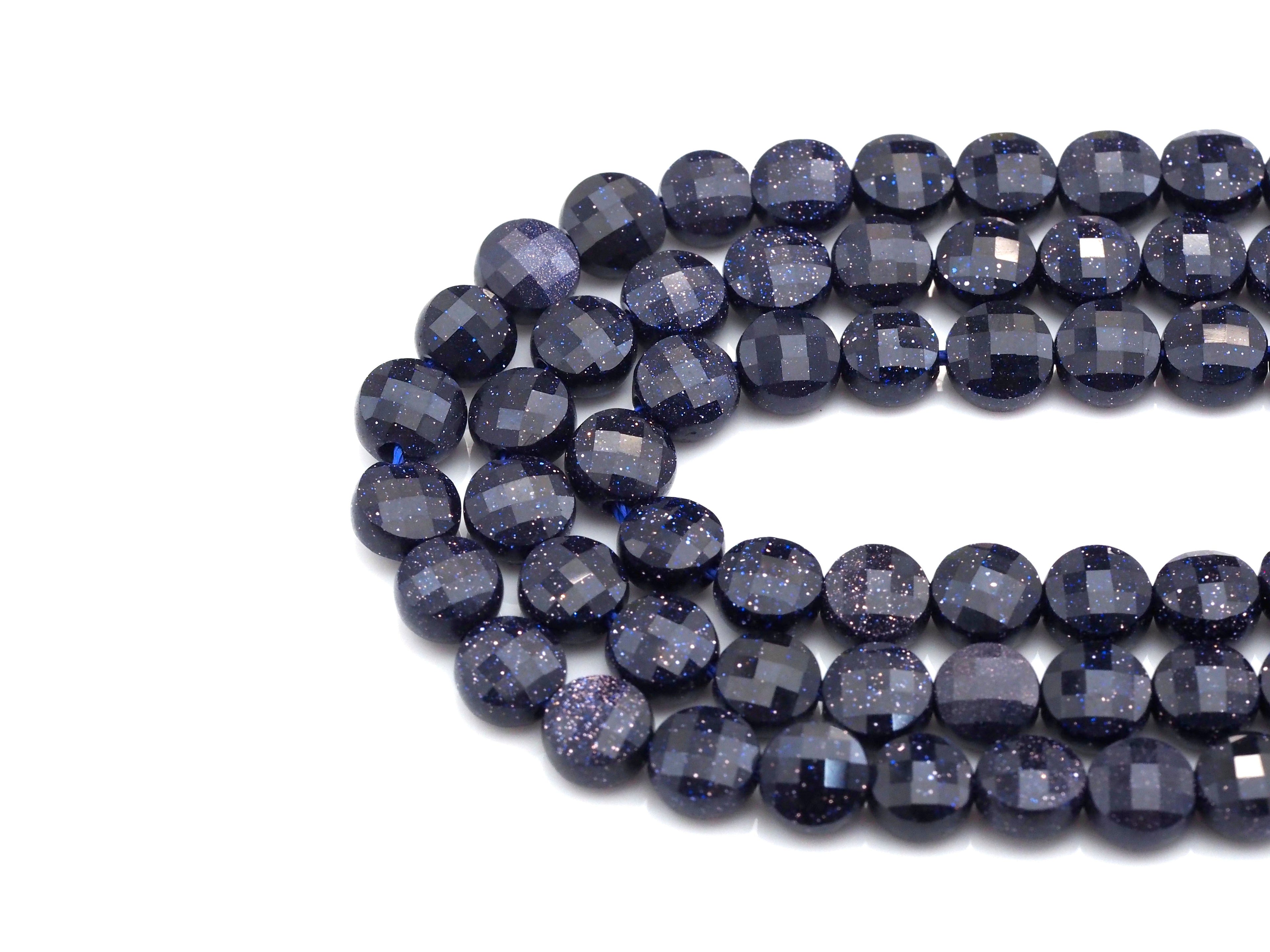Double Sided Turtle Shell Cut Blue Goldstone Coin beads, 6mm Flat coin faceted, Natural Gemstone Beads, 16" Full Strand, sku#U606