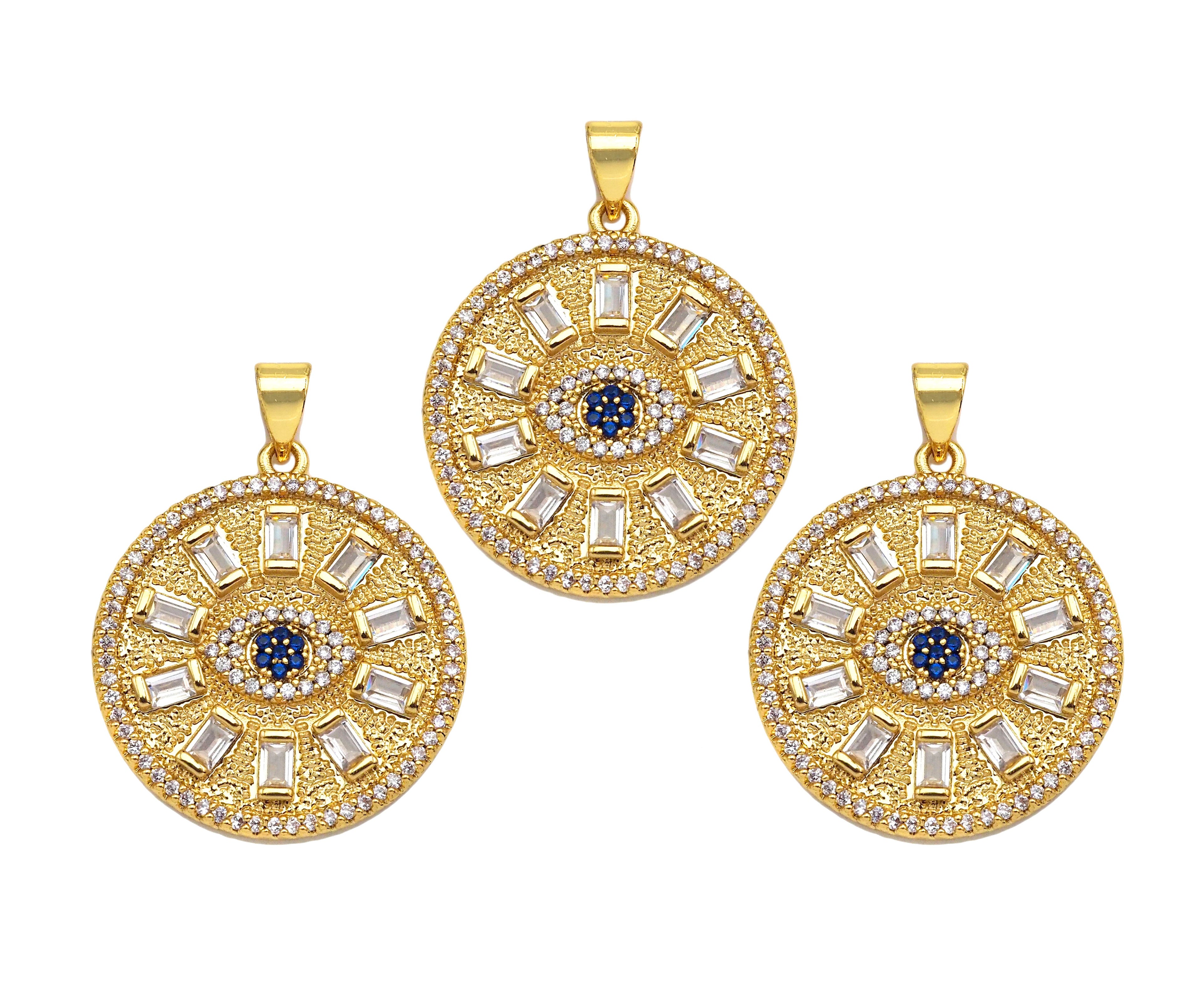 Big CZ Micro Pave Evil Eye On Round Coin Shape Pendant/Charm,Cubic Zirconia Medallion Charm, Necklace Bracelet Charm, 26x23mm, Sku#F1360