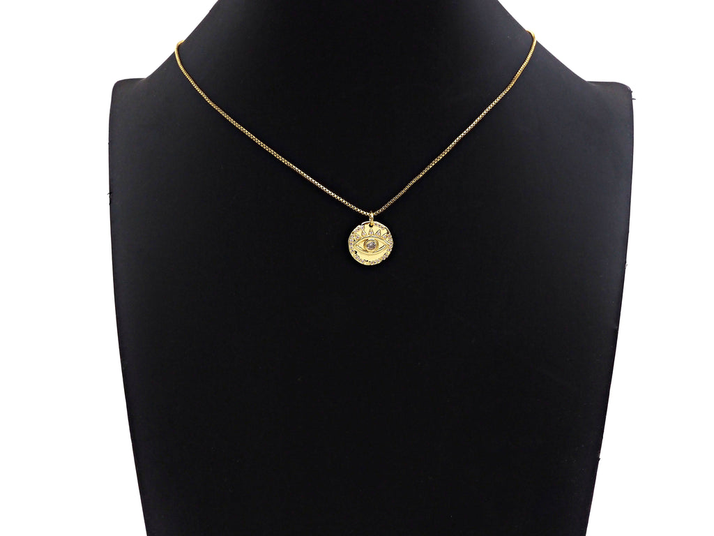 CZ Micro Pave Evil Eye On Hammered Coin Pendant/Charm,Cubic Zirconia Gold/Silver Charm, Necklace Bracelet Charm Pendant,16x16mm, Sku#L398