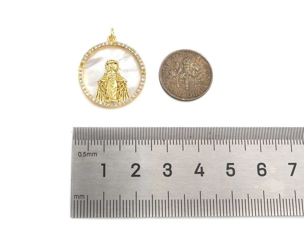 CZ Micro Pave Virgin Mary On Round Coin Pearl Charms, Dainty Gold Virgin Mary Pendant, Mother of Pearl Necklace Charms, 22x24mm, Sku#Z1250
