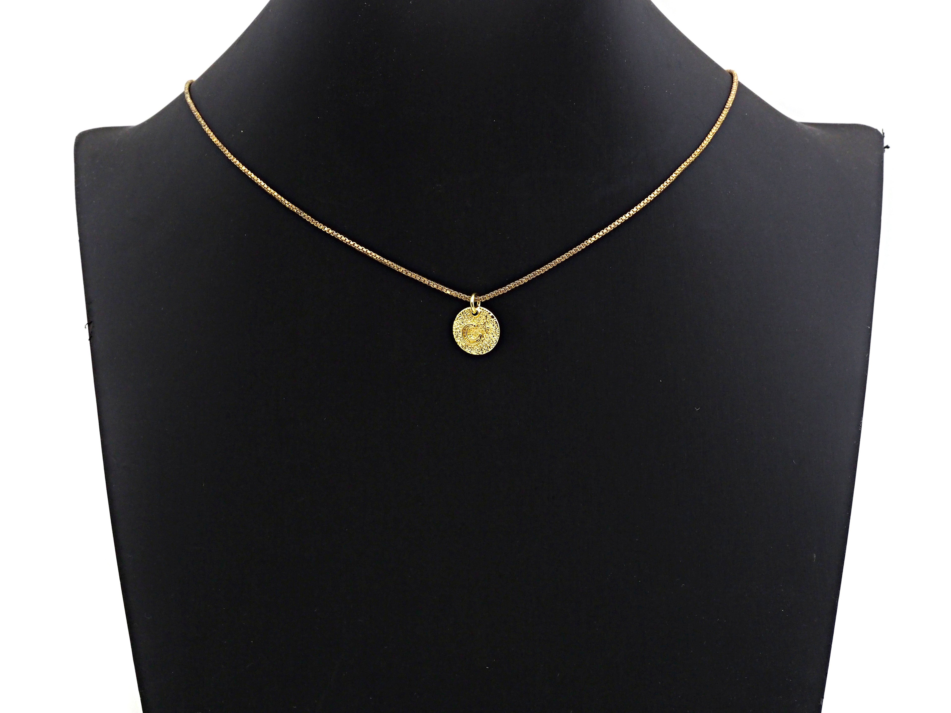 Moon Star on Disc Pendant, Embossment Coin Pendant, 24K Gold Tone,12mm, Sku#Z774