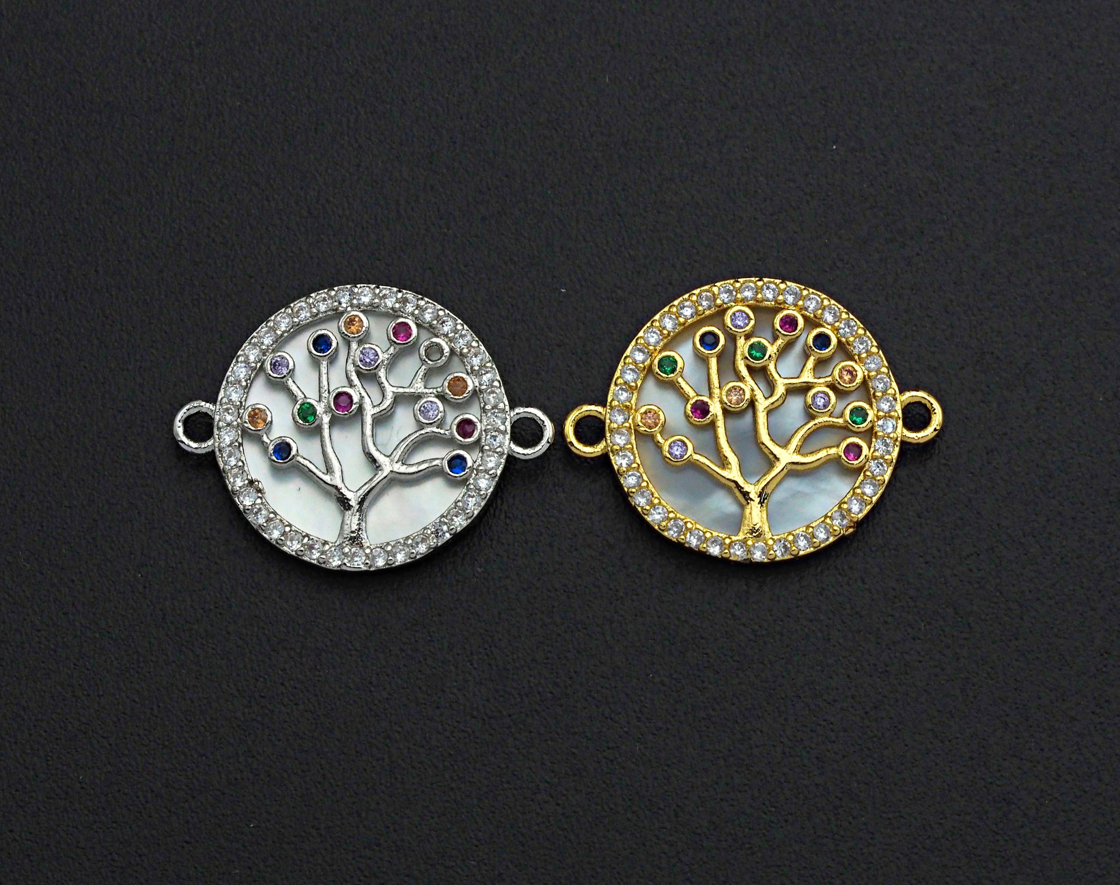 CZ Micro Pave Colorful Lucky Tree on Mother-of-pearl Connector Charm, Cubic Zirconia Link Charm, 22mm,sku#Z688