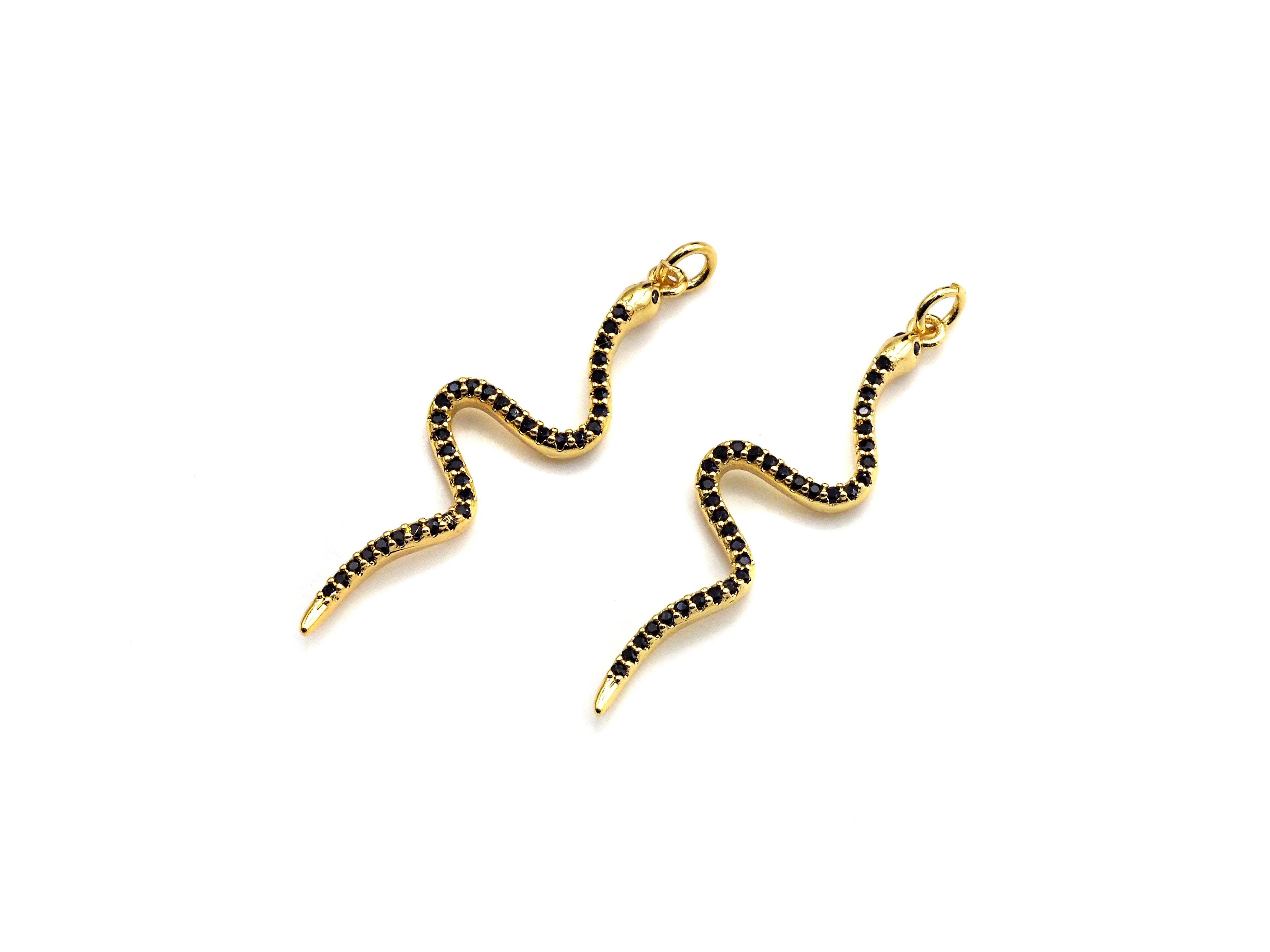 Black CZ Micro Pave Snake Shape Pendant/Charm, Snakea Cubic Zirconia Pendant, Gold Tone,10x39mm,Sku#Z794