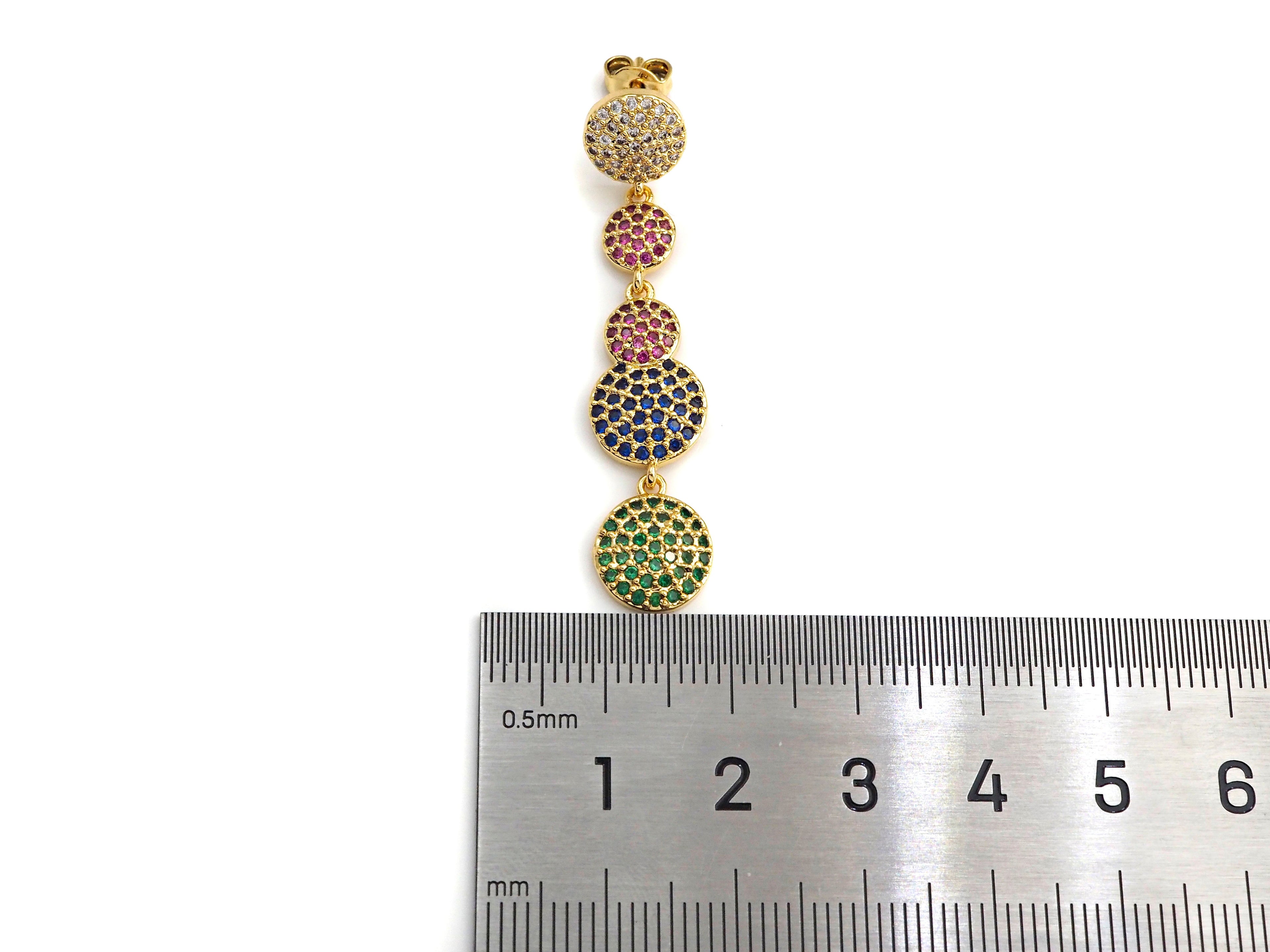 Colorful CZ Micro Pave Five Round Dots Dangle&Drop Earrings, Colorful CZ micro pave earrings, Statement Earrings, 47mm, sku#J275