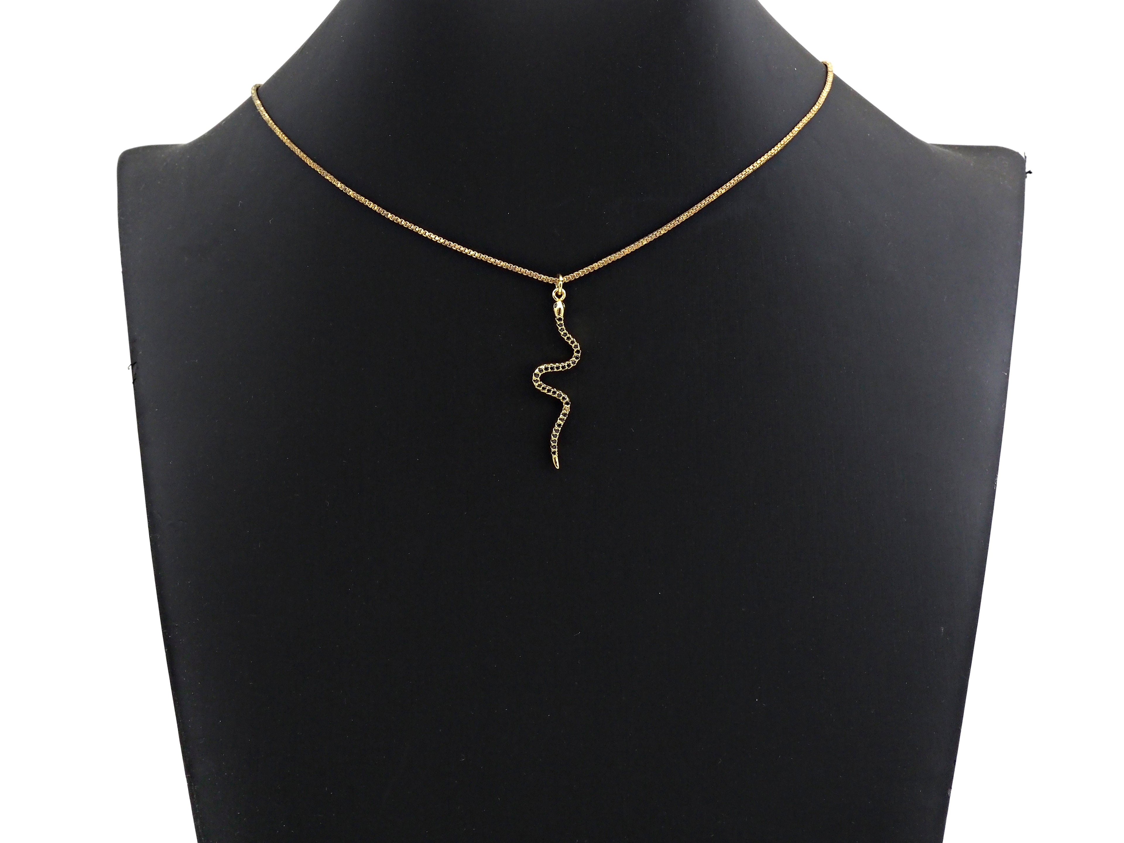 Black CZ Micro Pave Snake Shape Pendant/Charm, Snakea Cubic Zirconia Pendant, Gold Tone,10x39mm,Sku#Z794