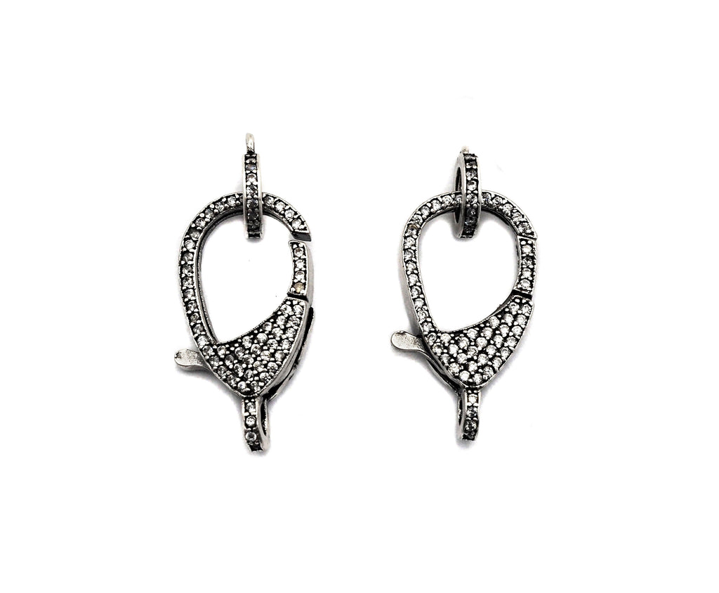 CZ Micro Pave Teardrop Lobster Claw Clasp, Antique Silver Plated Cubic Zirconia Clasp, 12x23mm,sku#H174