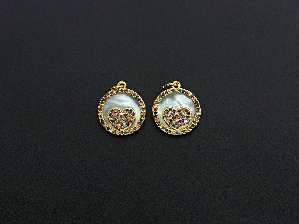 Colorful CZ Micro Pave Colorful Heart on Mother-of-pearl Pendant Charm, Cubic Zirconia Charm, 15mm,sku#Z916C