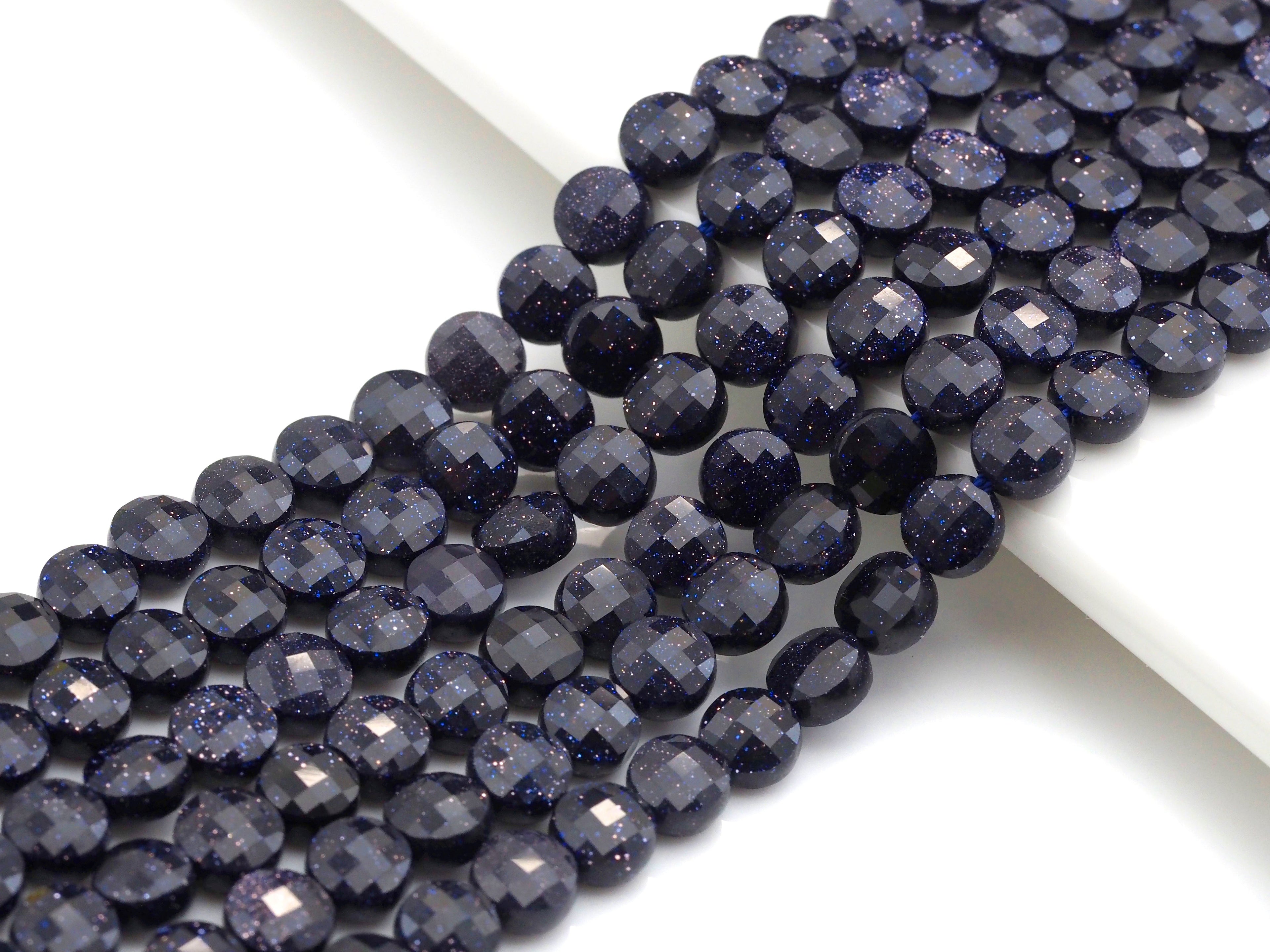 Double Sided Turtle Shell Cut Blue Goldstone Coin beads, 6mm Flat coin faceted, Natural Gemstone Beads, 16" Full Strand, sku#U606