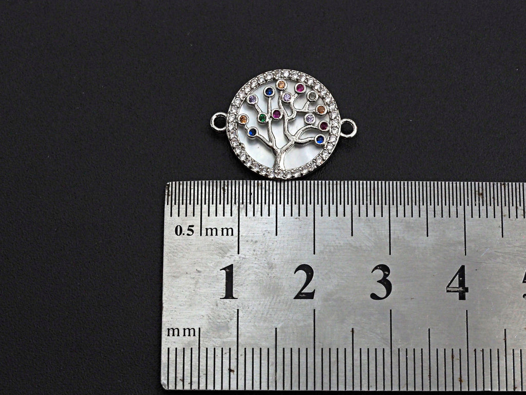 CZ Micro Pave Colorful Lucky Tree on Mother-of-pearl Connector Charm, Cubic Zirconia Link Charm, 22mm,sku#Z688