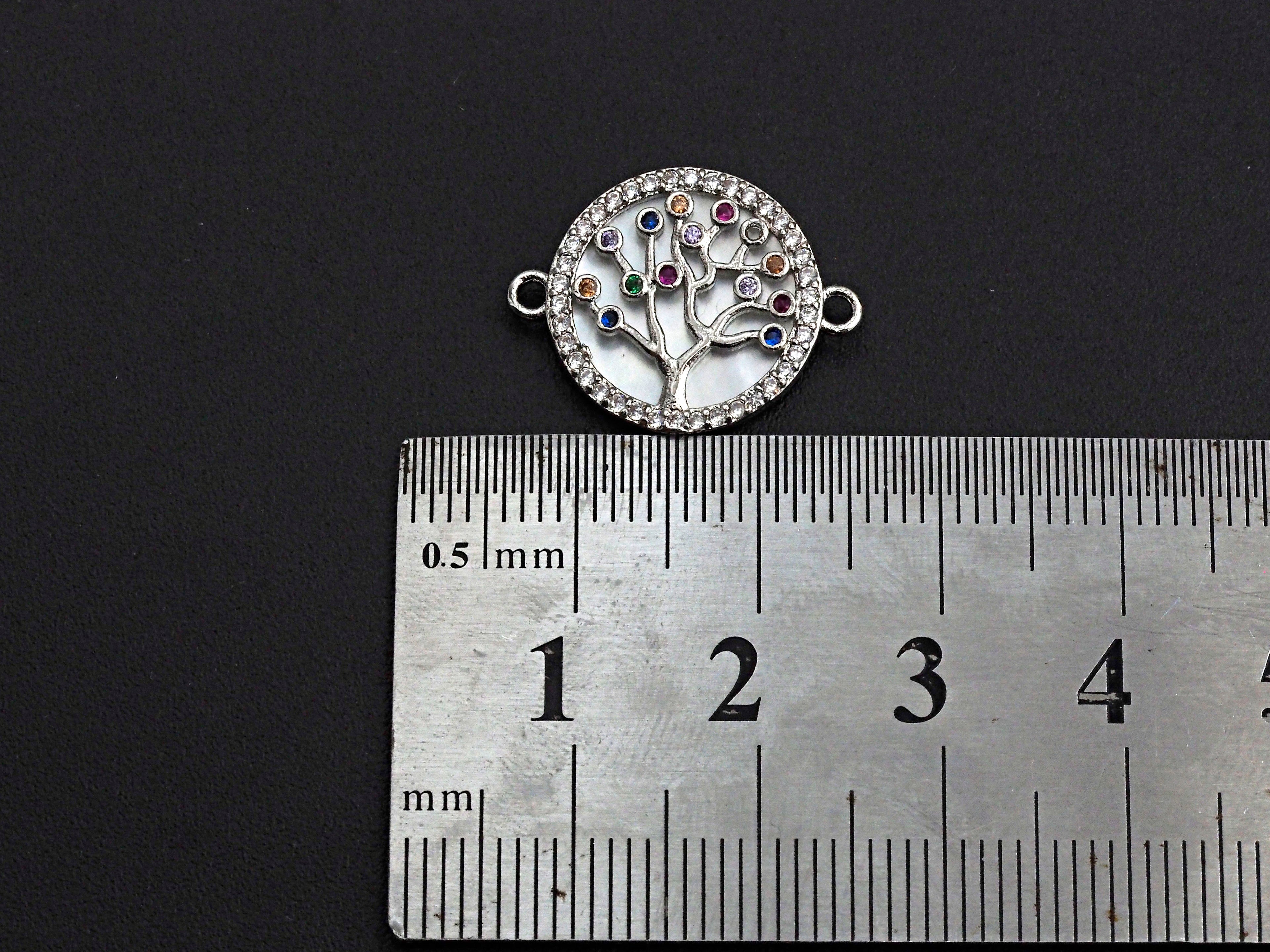 CZ Micro Pave Colorful Lucky Tree on Mother-of-pearl Connector Charm, Cubic Zirconia Link Charm, 22mm,sku#Z688